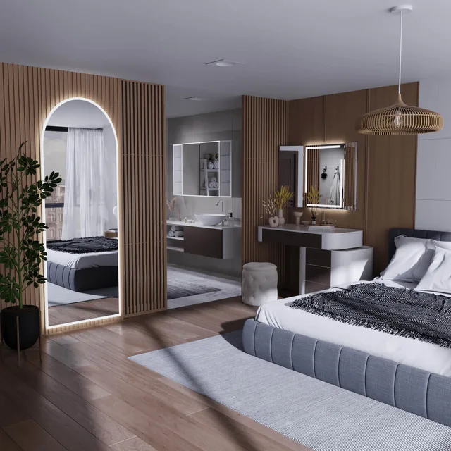 Schlafzimmer mit Spiegel als wohnlichem Akzent