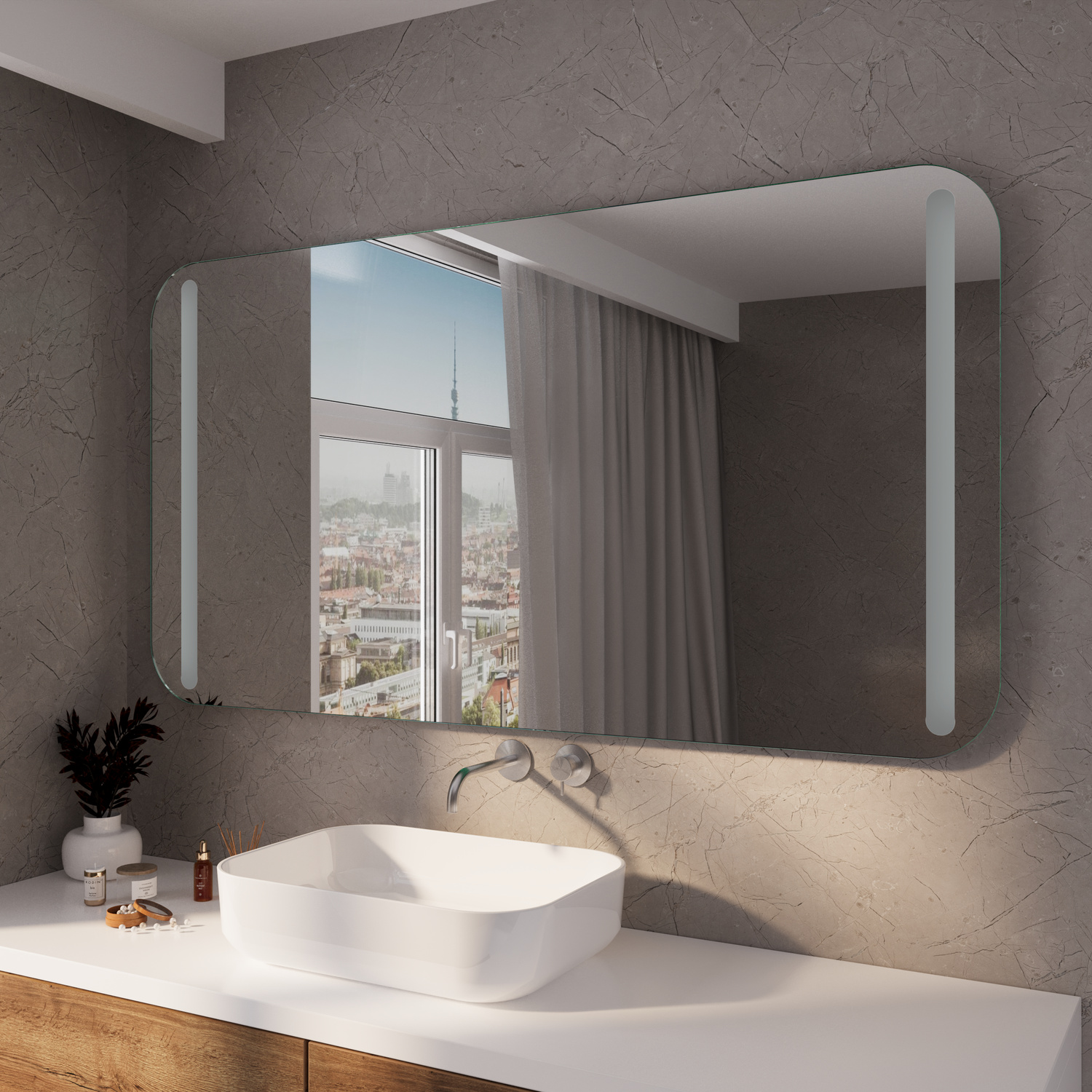 LE HAVRE RAD rechteckiger LED-Badspiegel mit ausgeschalteter Beleuchtung, 1500x1500 mm, abgerundete Ecken, über weißem rundem Aufsatzwaschbecken auf weißem Waschtisch, modernes Bad mit dunkelgrauer Wand und Fenster mit Stadtblick