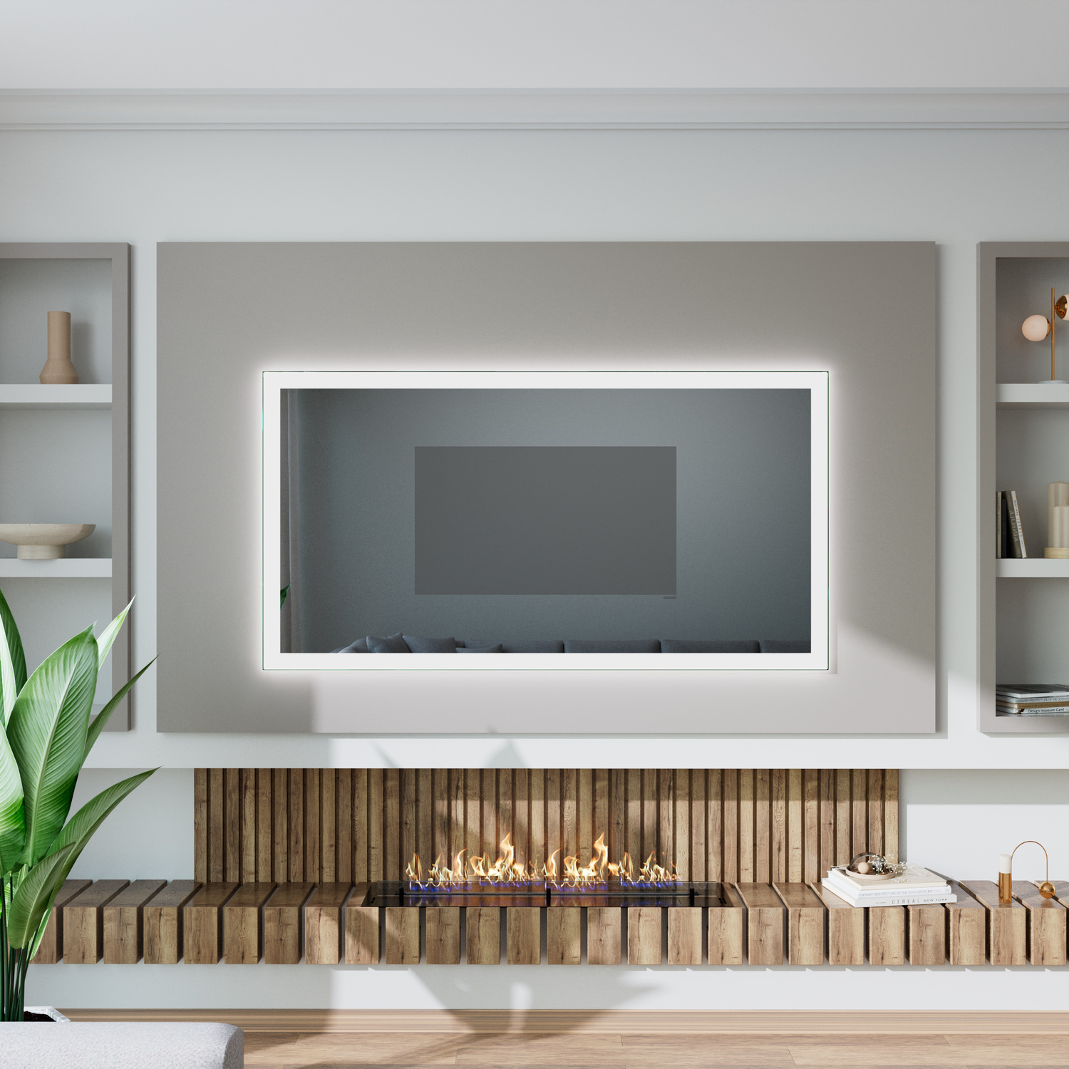 SETE40 beleuchteter Fernsehspiegel 1500x1500 mm mit 40 mm Rahmenbreite und LED-Beleuchtung bei ausgeschaltetem Fernseher über modernem Biokamin in hellem Wohnzimmer mit symmetrischen WandregalenRetry