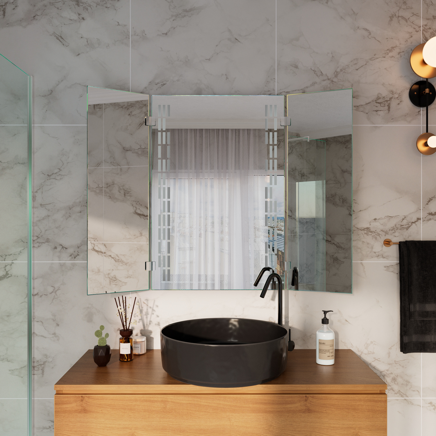 Alegres LightsOff 1500x1500 Badezimmerspiegel mit ausgeschalteter Beleuchtung und vertikalen Milchglas-Streifen über schwarzem Aufsatzwaschbecken und Holzwaschtisch in marmoriertem BadezimmerRetry