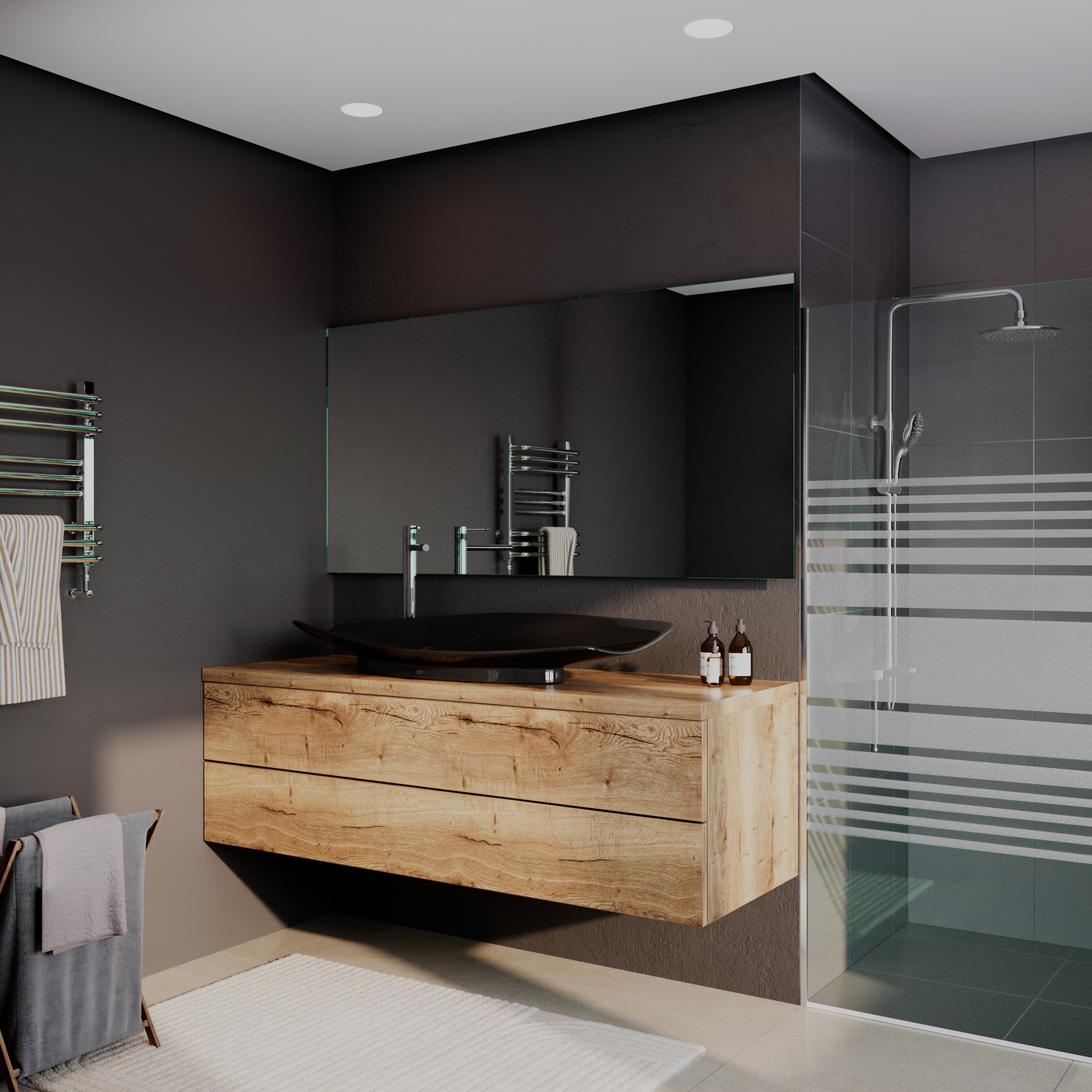 Badspiegel Modell Crozon aus seitlichem Blickwinkel mit ausgeschalteter LED-Beleuchtung, über Waschtisch mit schwarzem Aufsatzbecken auf rustikaler Holzplatte in modernem Bad mit Dusche.