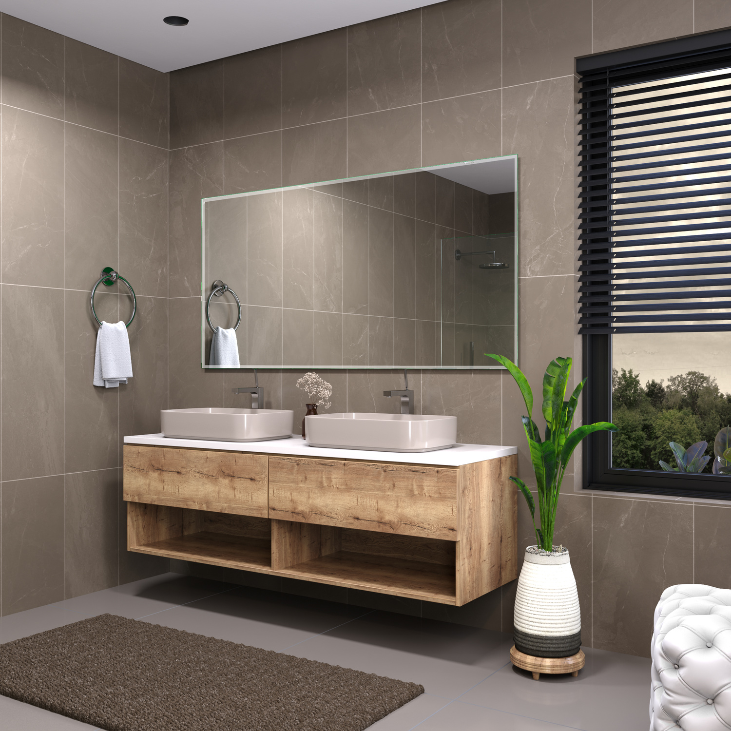 Badspiegel Modell Sete mit 15-mm-Rahmen bei ausgeschaltetem Licht, frontale Produktaufnahme in 1500 × 1500 Pixel.