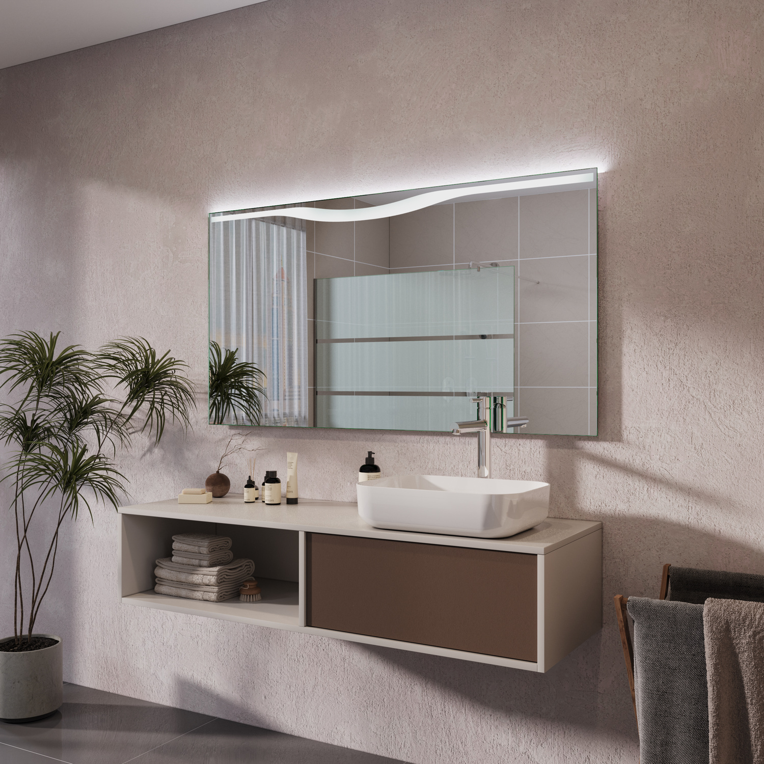 BLANES rechteckiger LED-Badspiegel mit eingeschalteter Beleuchtung, 1500x1500 mm, leuchtend mit geschwungenem oberen Lichtstreifen, über weißem Waschtisch mit offenem Regal, weißes rechteckiges Aufsatzwaschbecken, schwarze Armatur, Seitenansicht