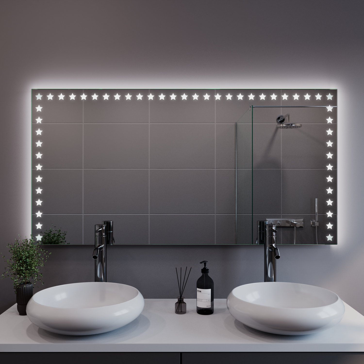 CAEN LED-Spiegelschrank mit eingeschalteter Beleuchtung in Nahaufnahme, 1500x1500 mm, dreiteiliger Spiegelschrank mit leuchtenden LED-Punkten in warmweiß, über weißem Doppelwaschtisch mit zwei runden Aufsatzwaschbecken, elegantes Bad mit Marmorwand und Ku