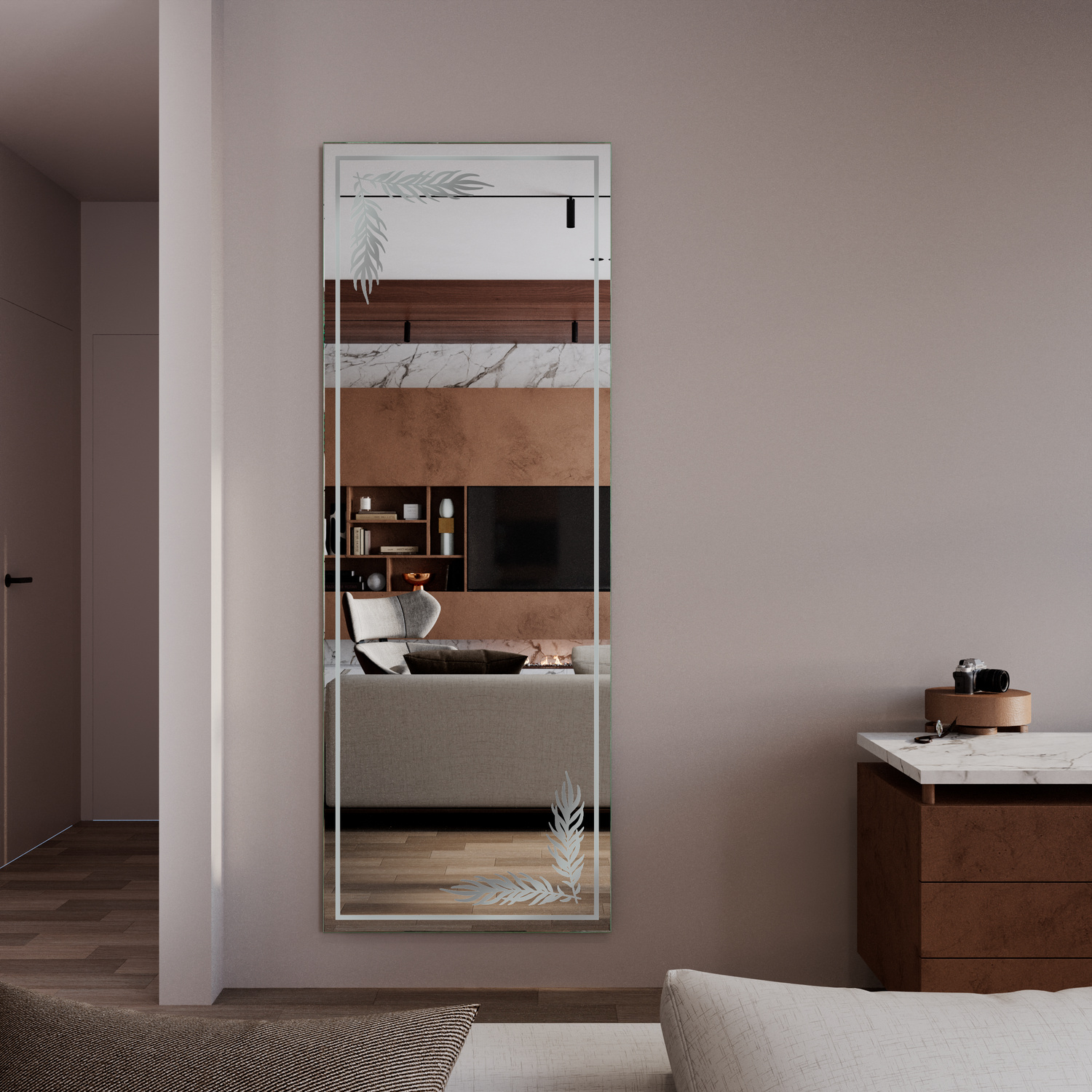 PADOVA Ganzkörperspiegel ausgeschaltet, 1500x1500 mm, rechteckiger Spiegel in silbernem Rahmen freistehend vor weißer Wand, spiegelt Holzwaschtisch mit weißem Waschbecken, hellgraues minimalistisches modernes Badezimmer