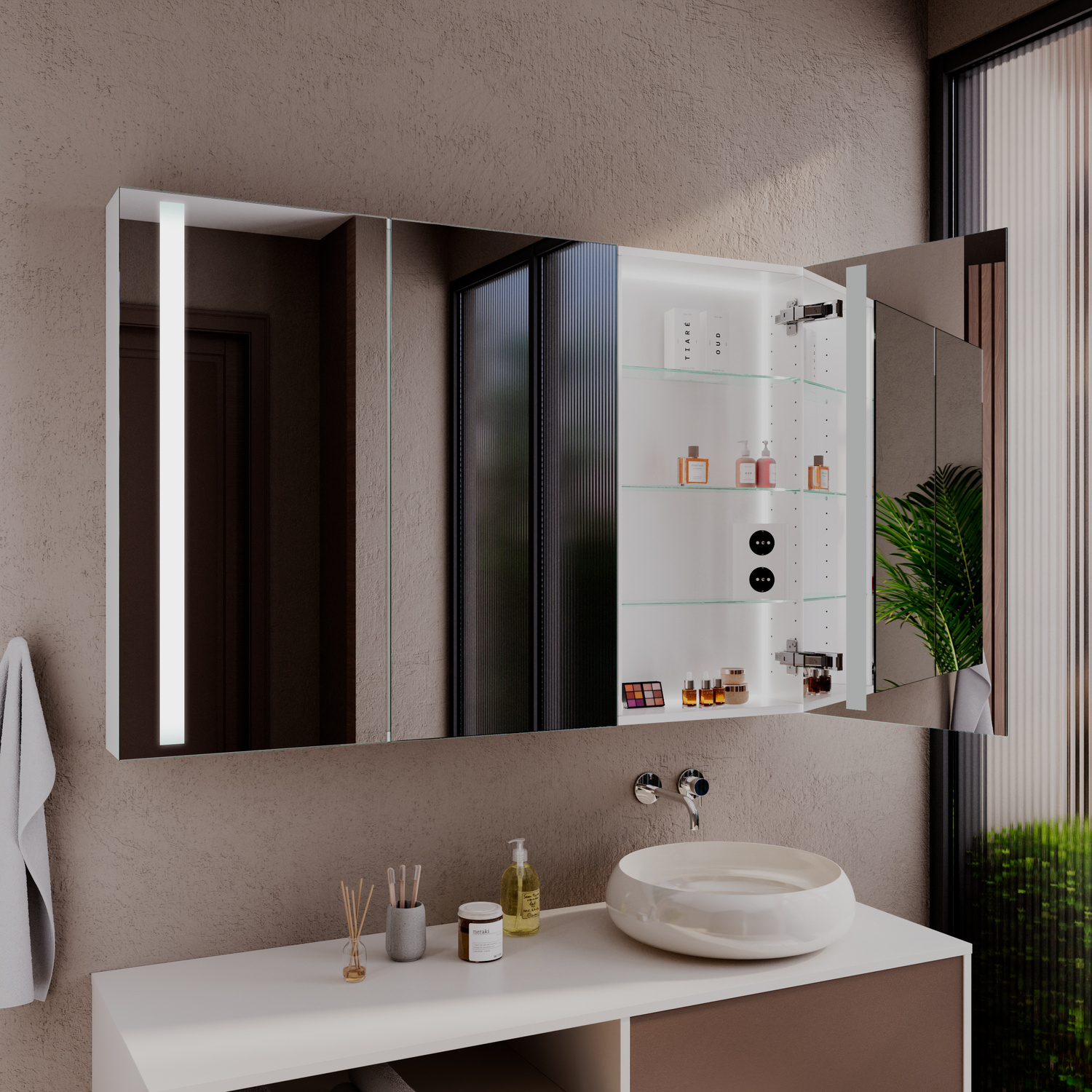 ASINA 1500x1500 LED-Spiegelschrank mit geöffneten Türen und seitlicher Beleuchtung über weißem Aufsatzwaschbecken und Waschtisch in modernem BadezimmerRetry