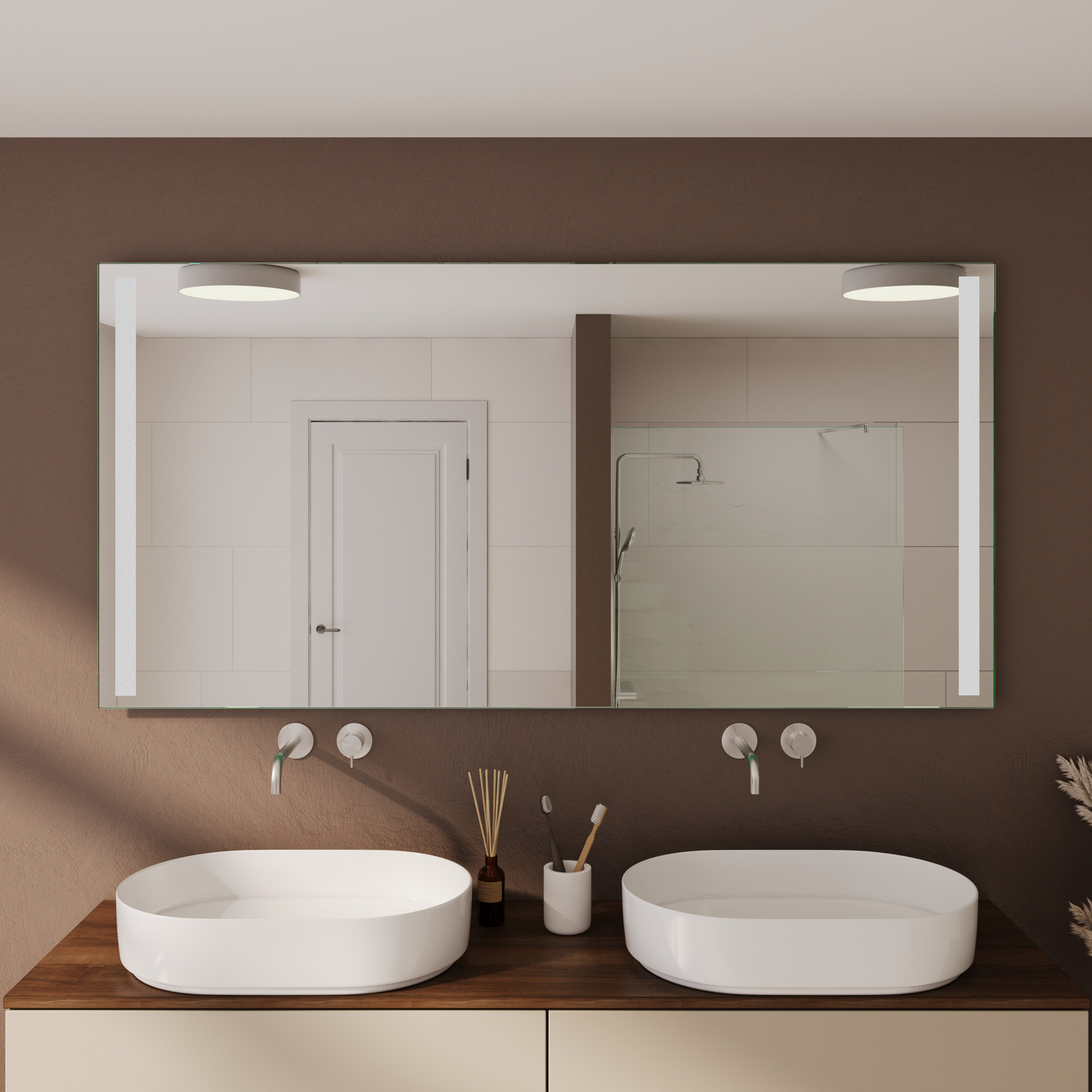 Badspiegel Modell Paris aus Nahaufnahme mit ausgeschaltetem Licht, Produktaufnahme in 1500 × 1500 Pixel.