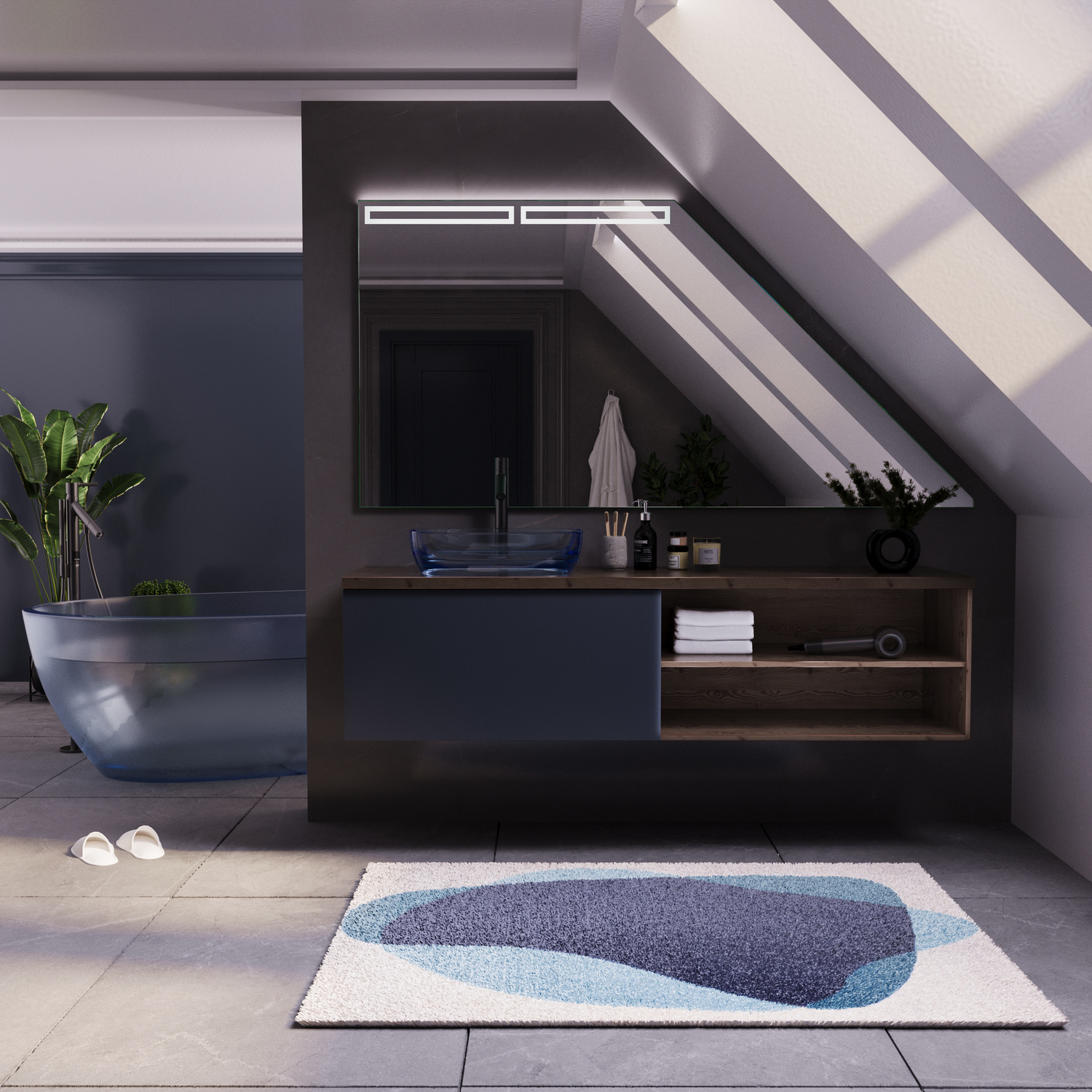 ROUBAY DS LED-Waschtisch eingeschaltet, 1500x1500 mm, Frontansicht von schwarzem freistehenden Designer-Waschtisch mit warmweißer LED-Beleuchtung und integriertem Becken unter Dachschräge, offene Holzregale, Dachfenster, dunkelgraue Wand, Luxusbad