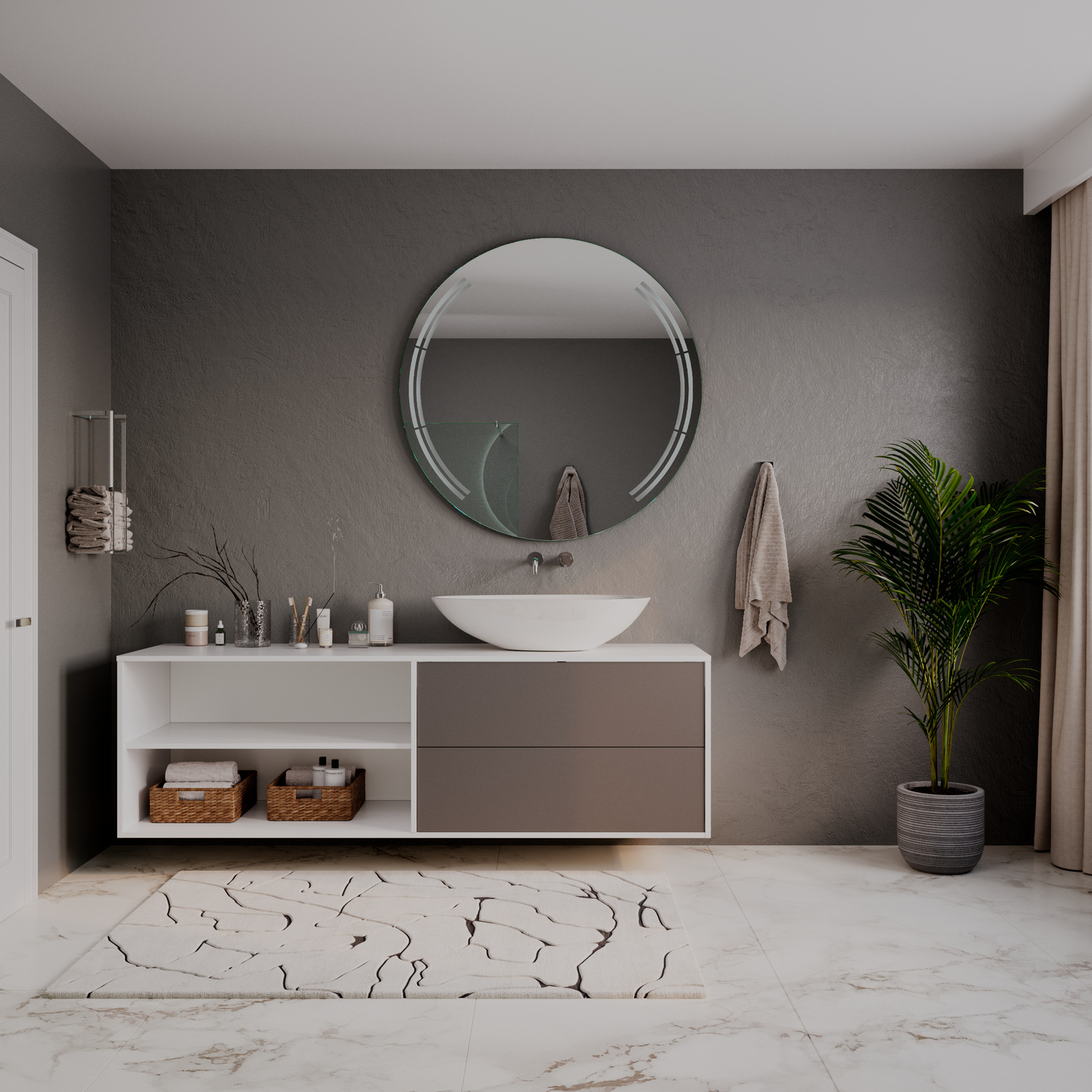 AROME runder LED-Badspiegel mit ausgeschalteter Beleuchtung, 1500x1500 mm, weißer Rahmen, über weißem Aufsatzwaschbecken auf modernem Waschtisch mit weißen und taupefarbenen Fronten, dunkelgraue Wand, Marmorboden, elegantes Bad