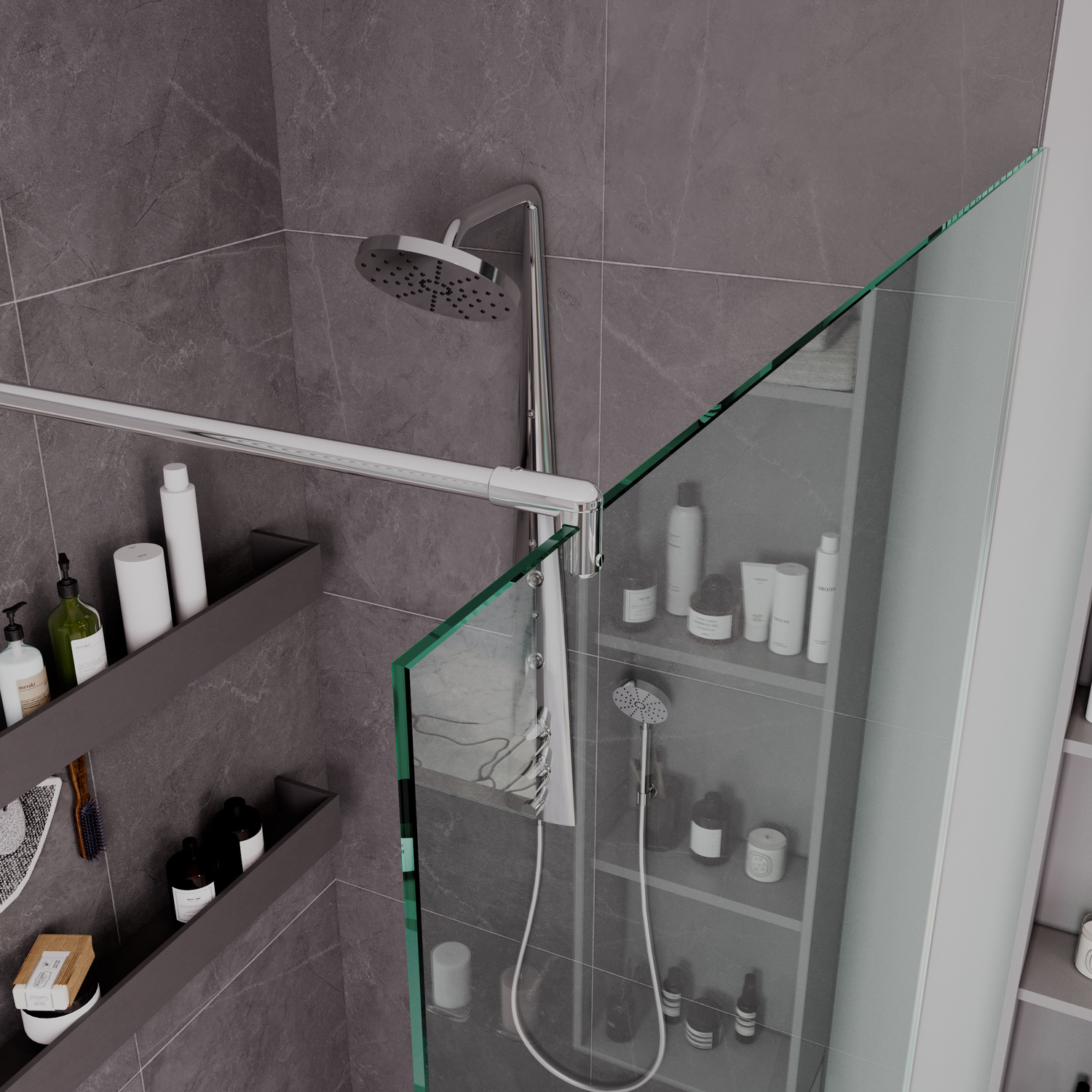 Glasduschtrennwand mit Wandhalterung, 1500x1500 mm, rahmenlose Glasscheibe mit Chromhalterung und Regendusche, graue geflieste Duschwand mit eingelassenen Nischen für Pflegeprodukte, modernes Badezimmer in Grau-Weiß-Tönen