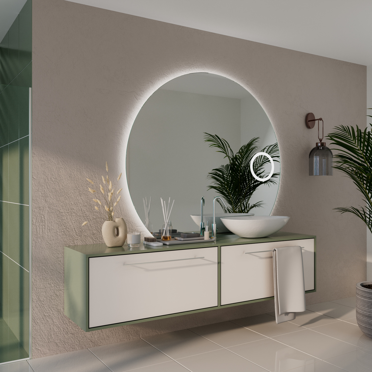 ANAS C1 Plus großer runder Wandspiegel mit LED-Beleuchtung und Kosmetikspiegel in seitlicher Ansicht, weißer schwebender Waschtisch mit Schubladen, weißes Aufsatzwaschbecken, schwarze Wandarmatur, beige Wand, Zimmerpflanzen, Wandleuchte