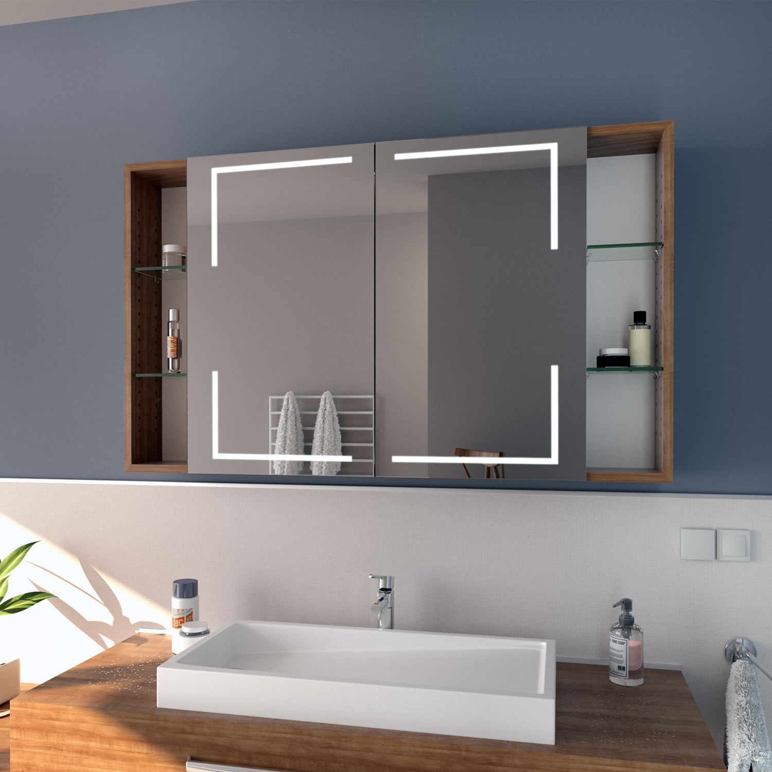 FAUSKE beleuchteter Spiegelschrank 1500x1500 mm mit seitlichen Holzregalen in seitlicher Perspektive und LED-Beleuchtung über modernem Doppelwaschtisch mit HolzplatteRetry