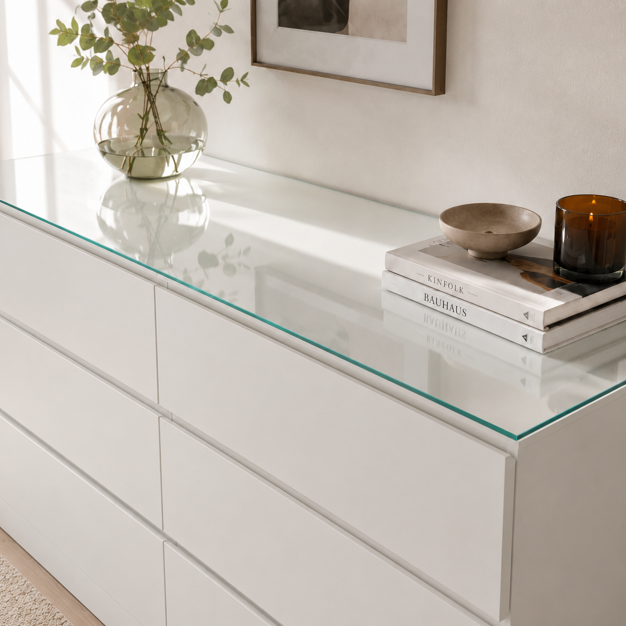 Glasplatte für IKEA MALM Kommoden aus klarem ESG-Sicherheitsglas in der Gesamtansicht