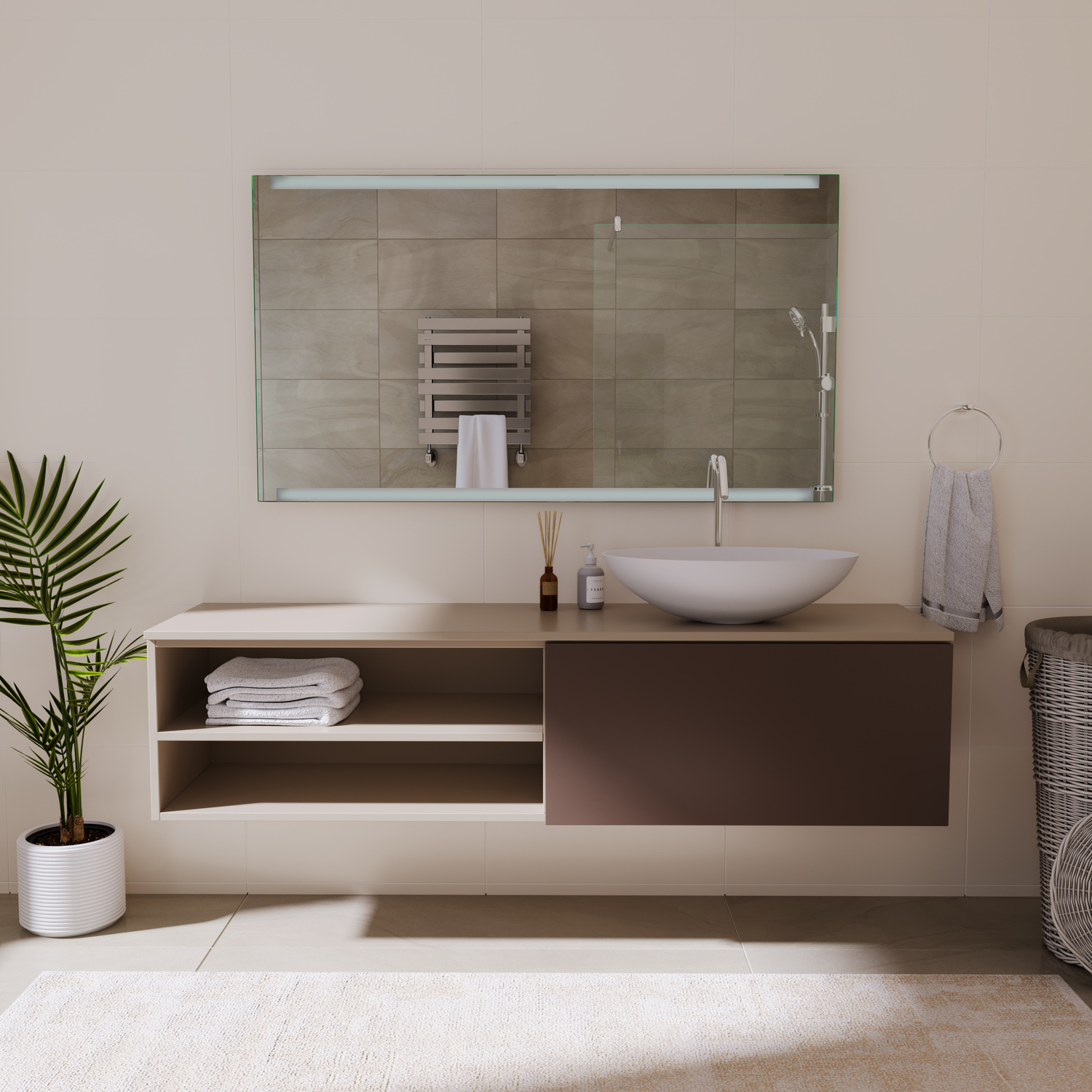 BIOT Badezimmerspiegel 1500x1500 mm ohne Beleuchtung über modernem Waschtisch mit Aufsatzwaschbecken und offenen AblagefächernRetry