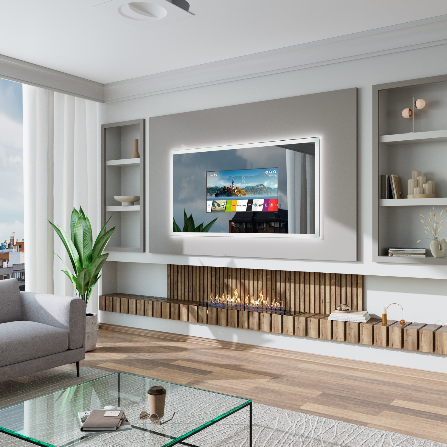 SETE30 SideAngle LightsOn 1500x1500 Elektrokamin mit eingeschalteter Beleuchtung in moderner Mediawand mit wandmontiertem Fernseher und weißen offenen Regalen, seitliche PerspektiveRetry