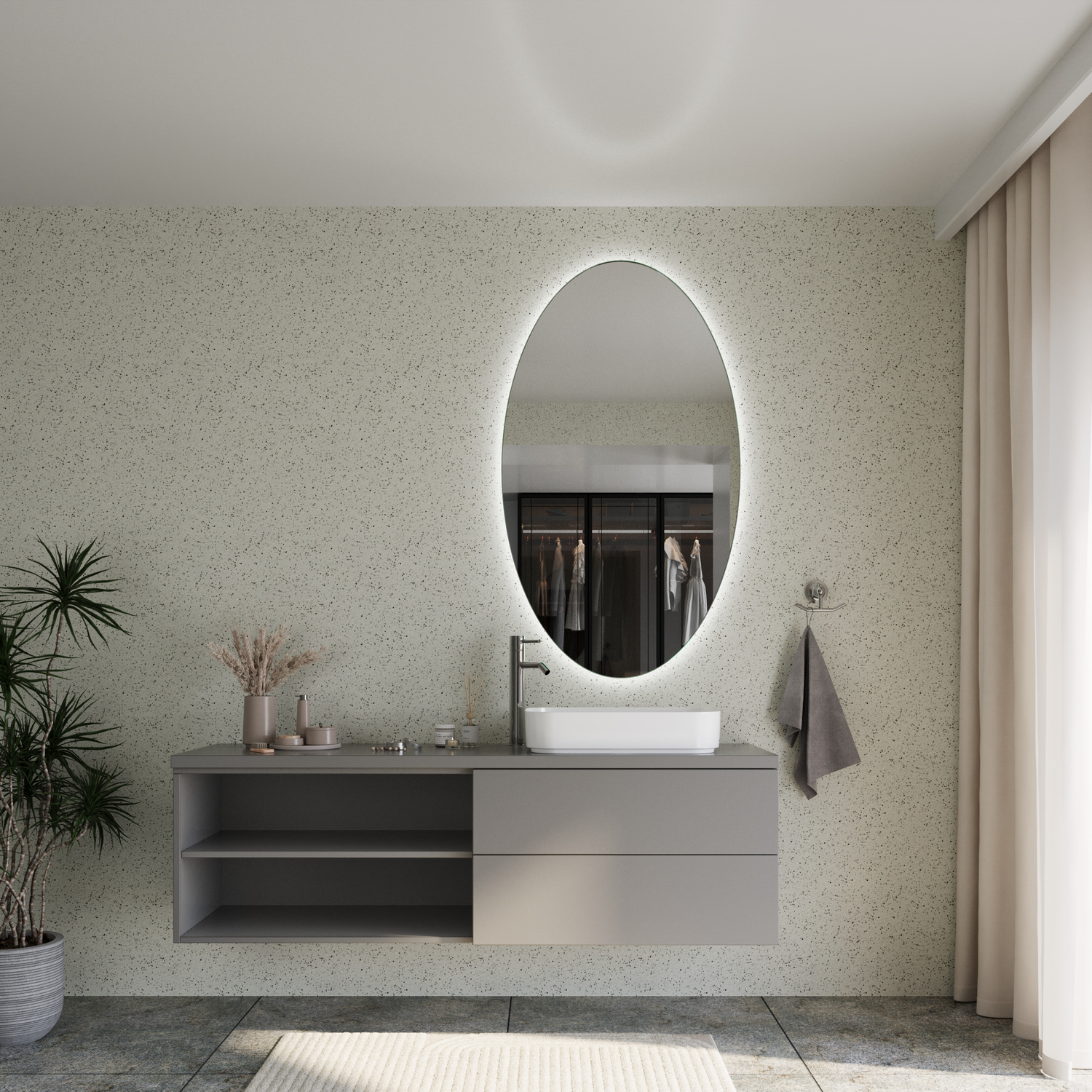 LAMBELLE EL ovaler LED-Badspiegel mit eingeschalteter warmweißer Hintergrundbeleuchtung, 1500x1500 mm, leuchtender Lichtrahmen, über modernem zweifarbigem Waschtisch in Grau-Beige, minimalistisches helles Bad mit Pflanzen