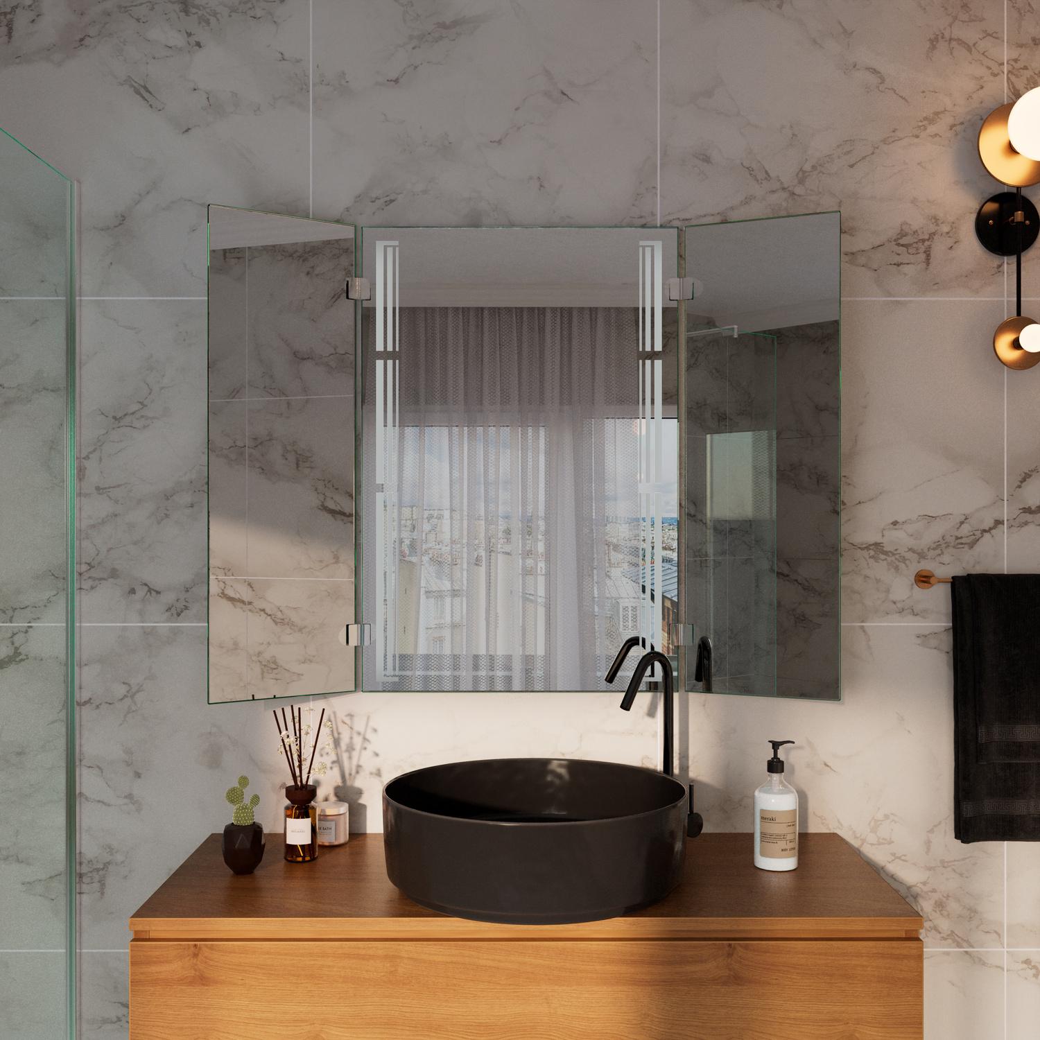 QUITO LED-Badspiegel mit ausgeschalteter Beleuchtung, 1500x1500 mm, zwei vertikale Lichtleisten an den Seiten und horizontaler Lichtbalken oben, über Holzwaschtisch mit schwarzem ovalen Aufsatzwaschbecken und schwarzer Armatur, elegantes Bad mit Marmor un