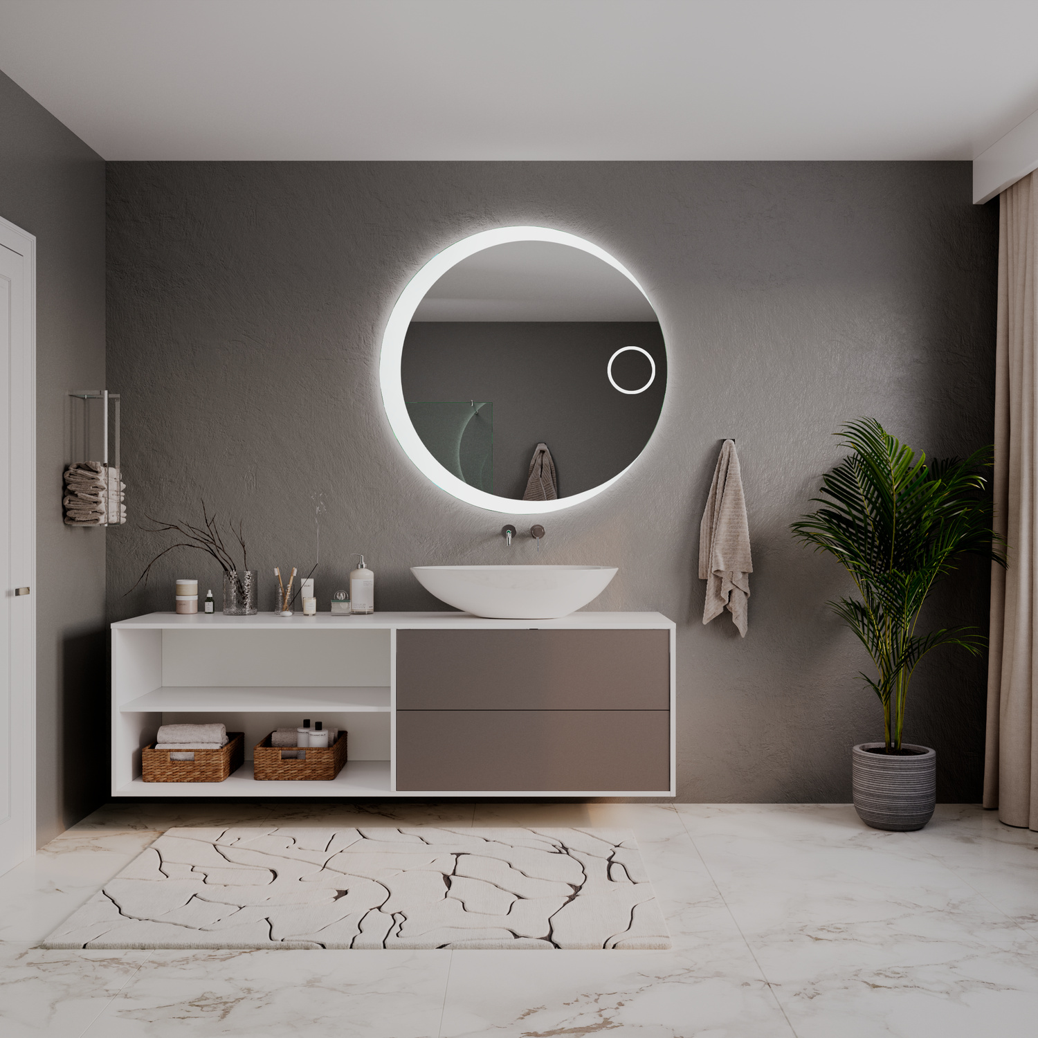 AY Plus runder LED-Badspiegel mit eingeschalteter Hintergrundbeleuchtung, 1500x1500 mm, leuchtend mit warmweißem Lichtrahmen und Zusatzleuchte, über zweifarbigem Waschtisch mit weißem Aufsatzwaschbecken, modernes Bad mit Marmorboden