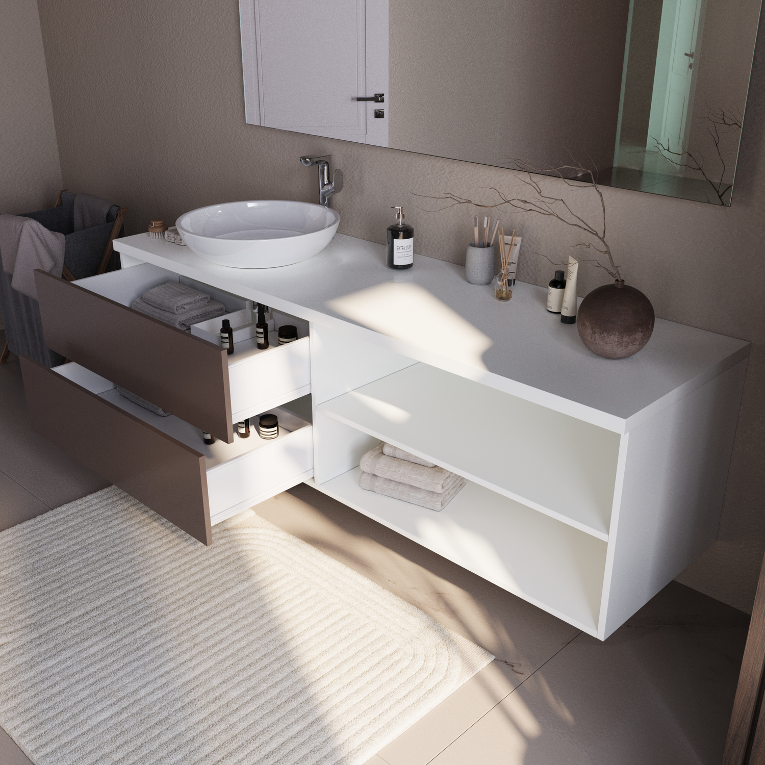 HAMBURG 07 Spiegelschrank mit geöffneter Schublade, 1500x1500 mm, weißer Schrank über weiß-braunem schwebenden Waschtisch mit ovalem Aufsatzwaschbecken, geöffnete Schublade mit Kosmetikprodukten und offenem Regal, minimalistisches Bad in Beige-Braun-Tönen