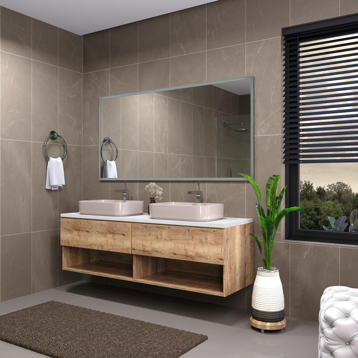 Badspiegel Sete 30 mit ausgeschalteter Beleuchtung über einem Doppelwaschtisch mit Holzunterschrank in einem geräumigen Badezimmer mit großem Fenster und dunkelgrauen FliesenRetry