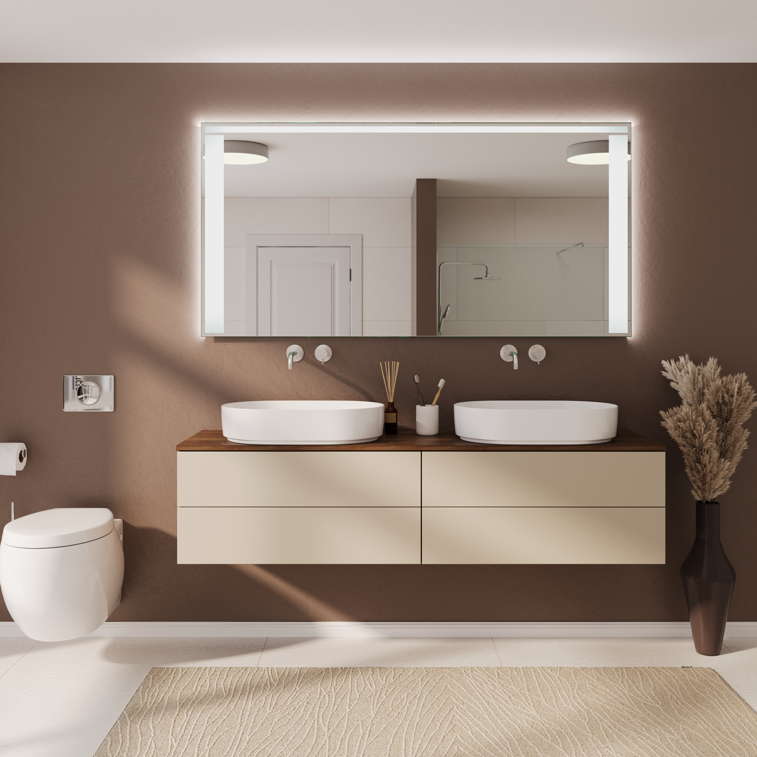 Loreno LED-Badspiegel eingeschaltet, 1500x1500 mm, rechteckiger Spiegel mit warmweißer umlaufender Rahmenbeleuchtung über schwebendem Doppelwaschtisch in heller Holzoptik, weiße ovale Aufsatzwaschbecken, dunkelbraune Wand, modernes Bad