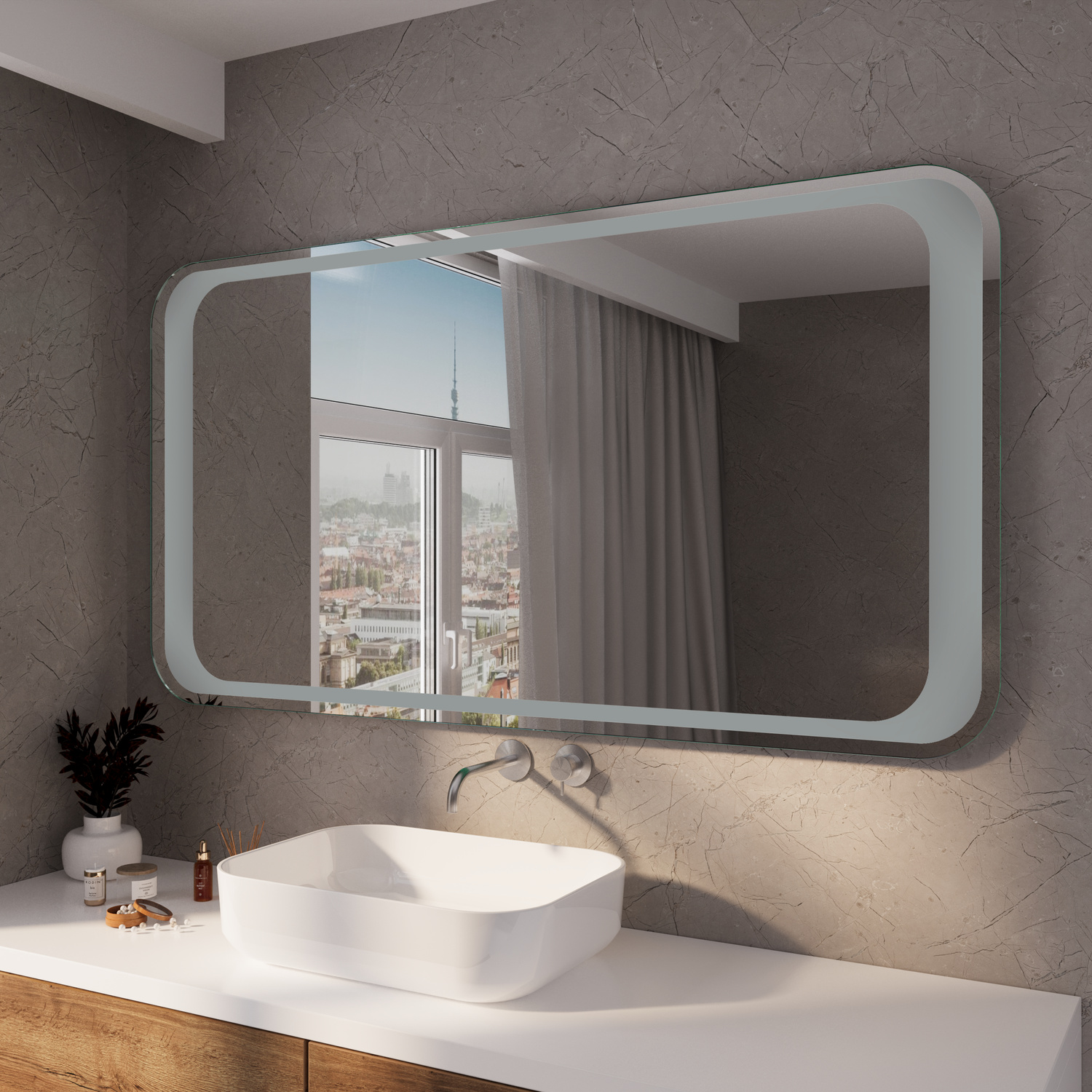 ALVADOS RAD LED-Badspiegel mit ausgeschalteter Beleuchtung, 1500x1500 mm, abgerundete Ecken, silberner Rahmen, über weißem Waschtisch mit ovalem Aufsatzwaschbecken, modernes Bad mit anthrazitfarbener Wand, Fenster mit Stadtblick