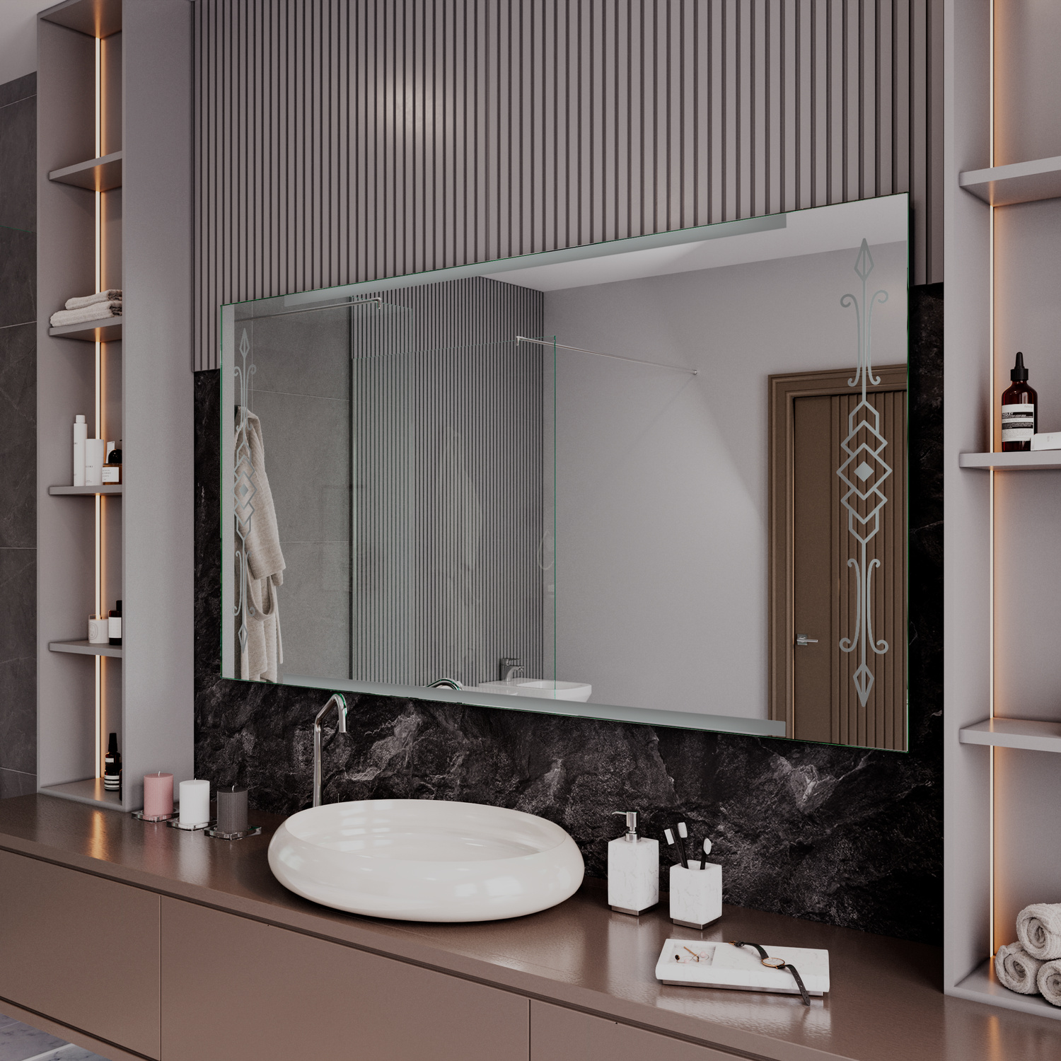 LD433 Wandspiegel ohne Beleuchtung in Nahaufnahme, weißes ovales Aufsatzwaschbecken auf schwarzer Marmorplatte, weiße Wand, vertikale Rillen-Wandverkleidung in Beige, offene Holzregale mit Kupfer-Details, minimalistische Badezimmereinrichtung