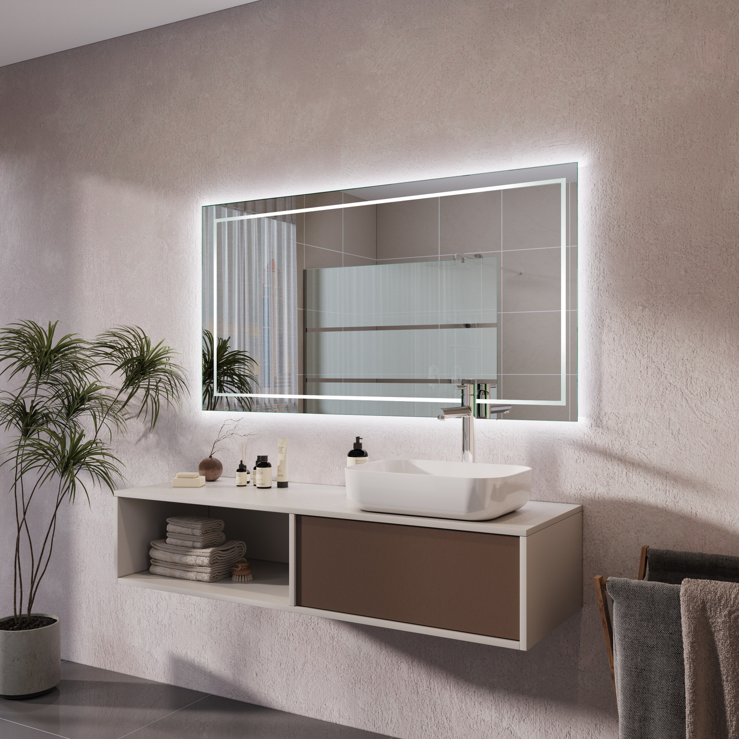 ZARA beleuchteter Badezimmerspiegel 1500x1500 mm mit Rahmen in seitlicher Perspektive und LED-Hintergrundbeleuchtung über modernem zweifarbigem schwebendem Waschtisch mit rechteckigem AufsatzwaschbeckenRetry