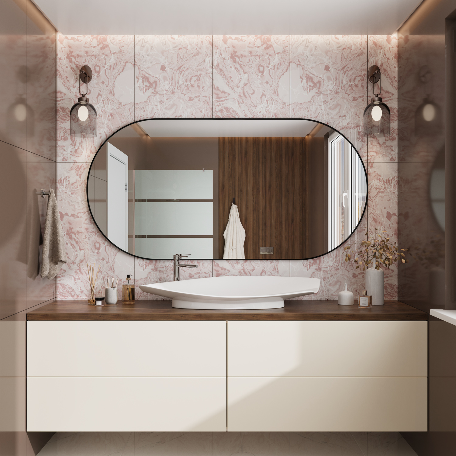 Oval Mirror Framed Front 02 1500x1500 ovaler Badspiegel mit schwarzem Metallrahmen in frontaler Ansicht über weißem Aufsatzwaschbecken und zweifarbigem schwebendem Waschtisch in modernem Badezimmer mit marmorierter Wandverkleidung und WandleuchtenRetry