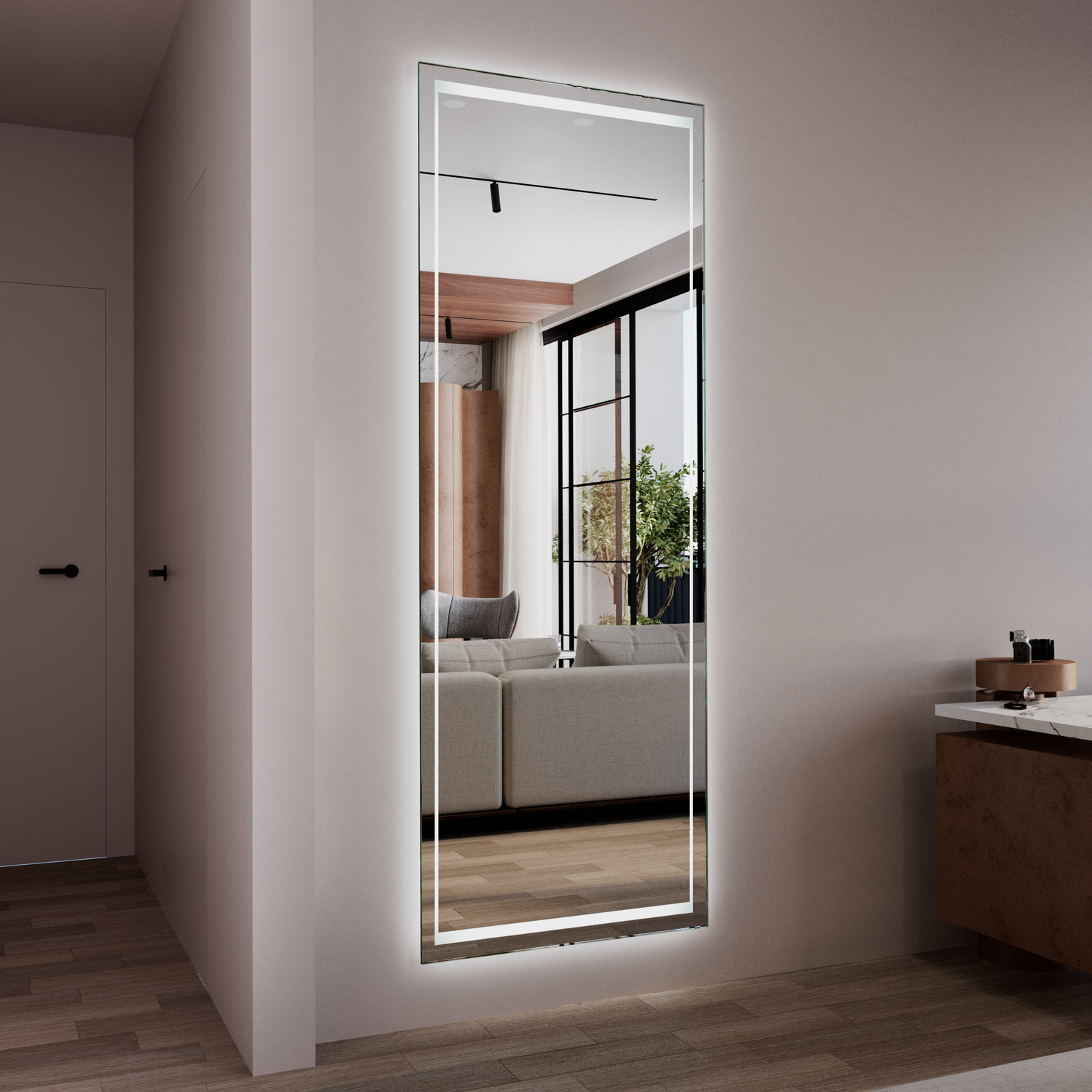 Standspiegel Milano in Seitenansicht mit eingeschalteter LED-Rahmenbeleuchtung in einem modernen Schlafzimmer mit Blick auf den hellen Wohnbereich und große FensterfrontRetry