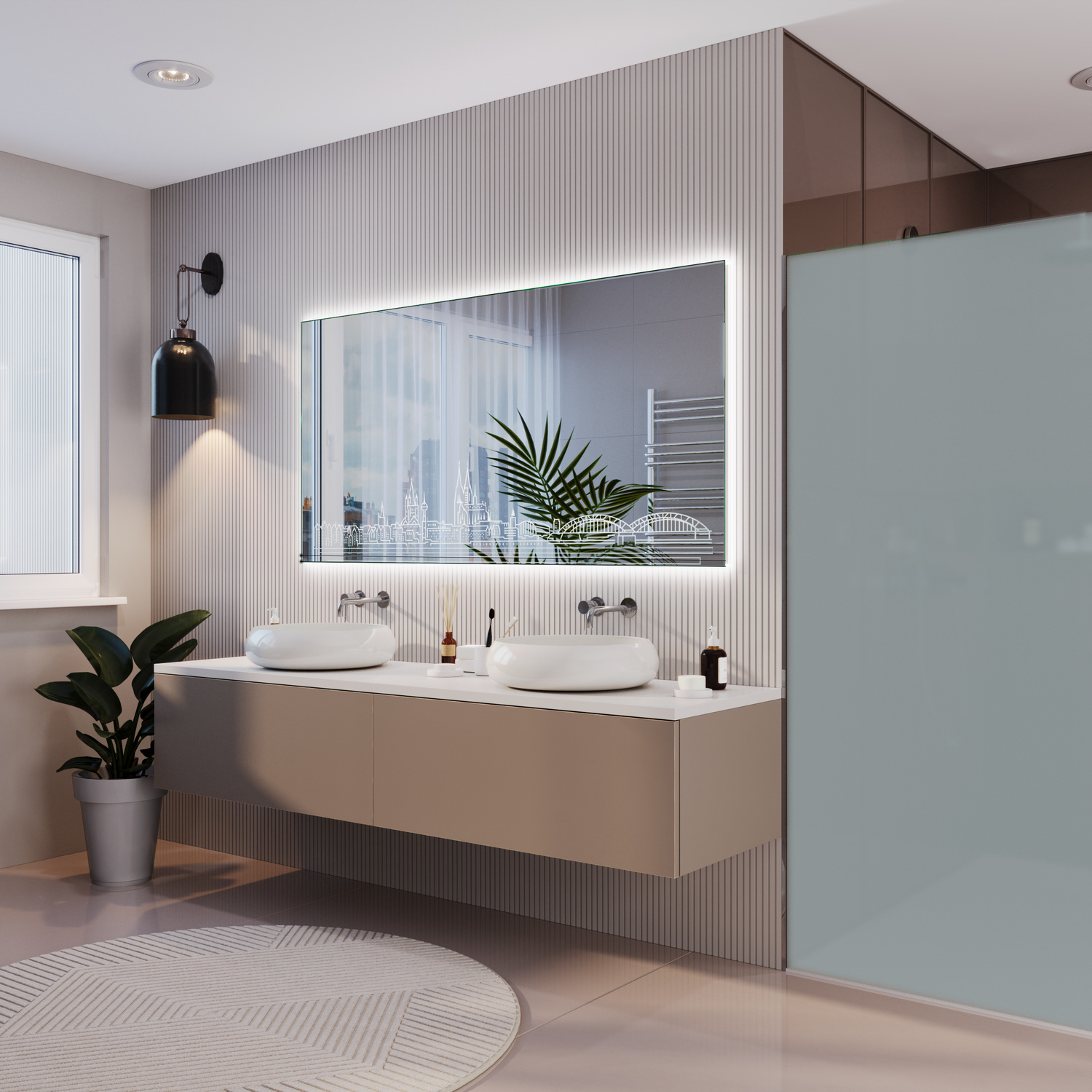 SKYKLN1 rechteckiger LED-Badspiegel mit eingeschalteter Beleuchtung, 1500x1500 mm, leuchtend mit warmweißem Lichtrahmen, seitliche Perspektive, über zwei weißen runden Aufsatzwaschbecken auf beigem Waschtisch, modernes Bad mit gerillter Wandverkleidung