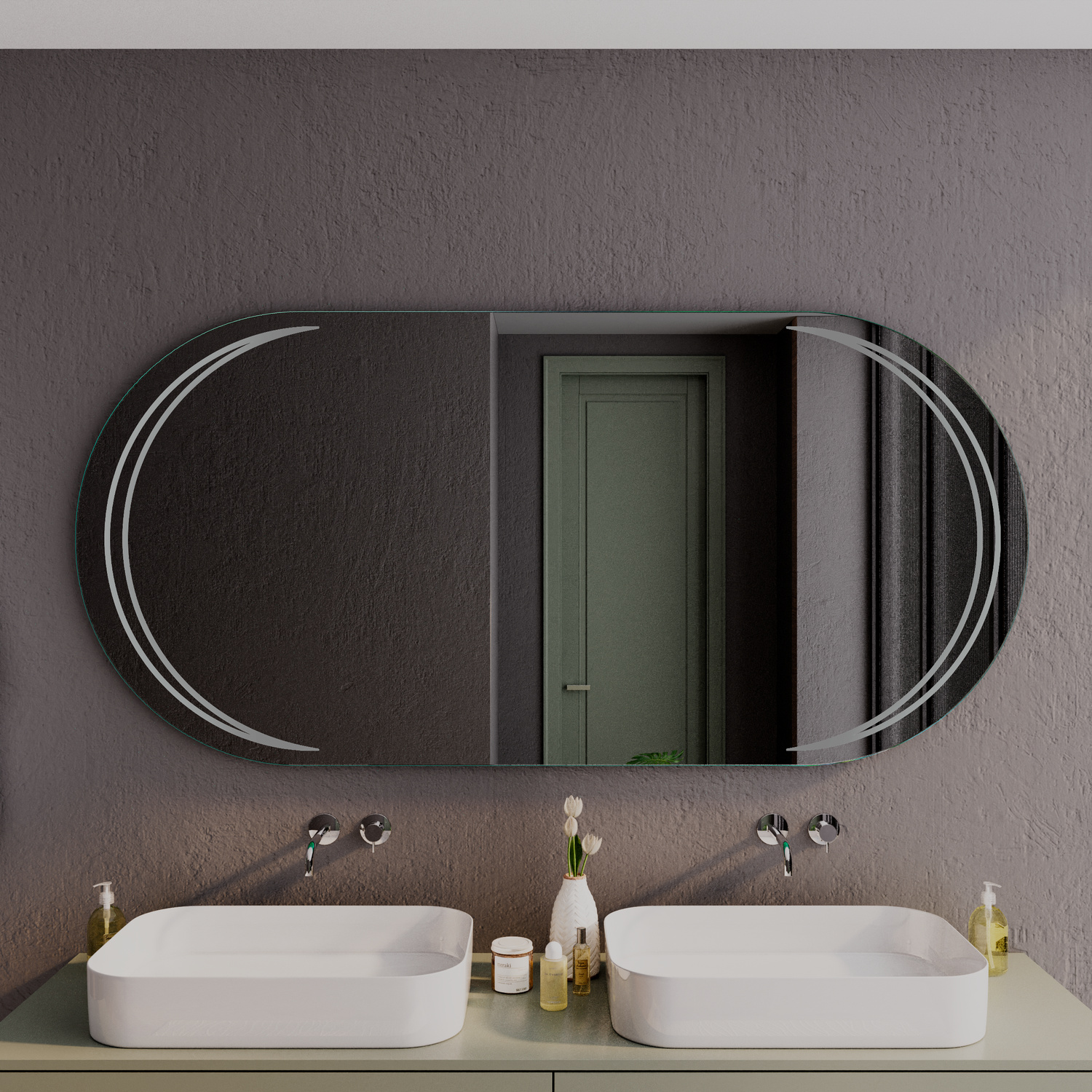 ALCAINS OV ovaler LED-Badspiegel mit ausgeschalteter Beleuchtung, 1500x1500 mm, über Doppelwaschtisch mit zwei weißen Aufsatzwaschbecken und wandmontierten Armaturen, dunkle anthrazitfarbene Wand, elegantes Bad, Frontalansicht