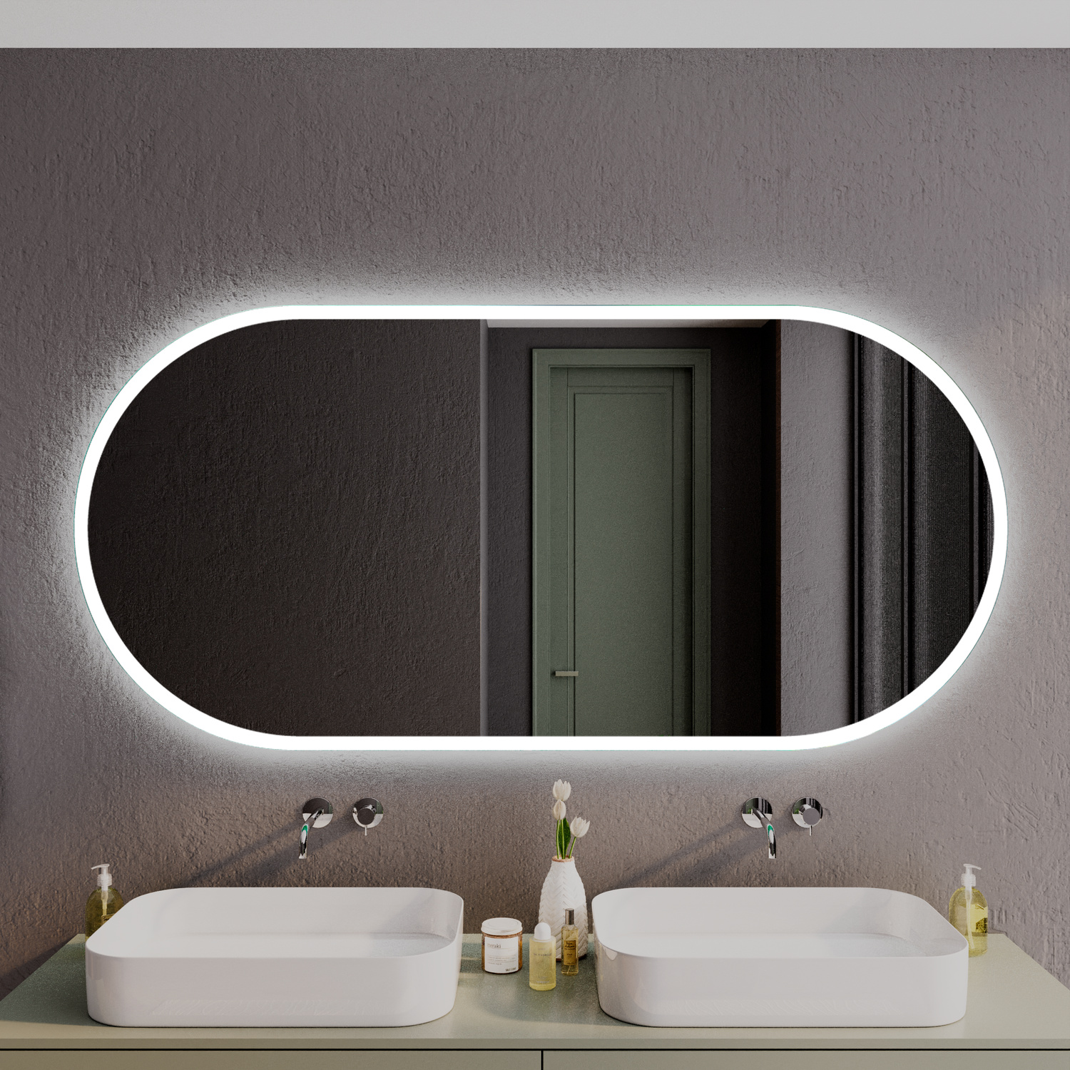 "SETE OV20 ovaler LED-Badspiegel mit eingeschalteter Hintergrundbeleuchtung, 1500x1500 mm, leuchtend mit warmweißem Lichtrahmen, 20mm Randabstand, über Doppelwaschtisch mit zwei weißen Aufsatzwaschbecken, elegantes Bad