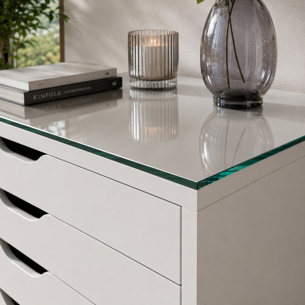 Glasplatte für IKEA ALEX Bürocontainer 67 x 48 cm Klarglas Detailansicht