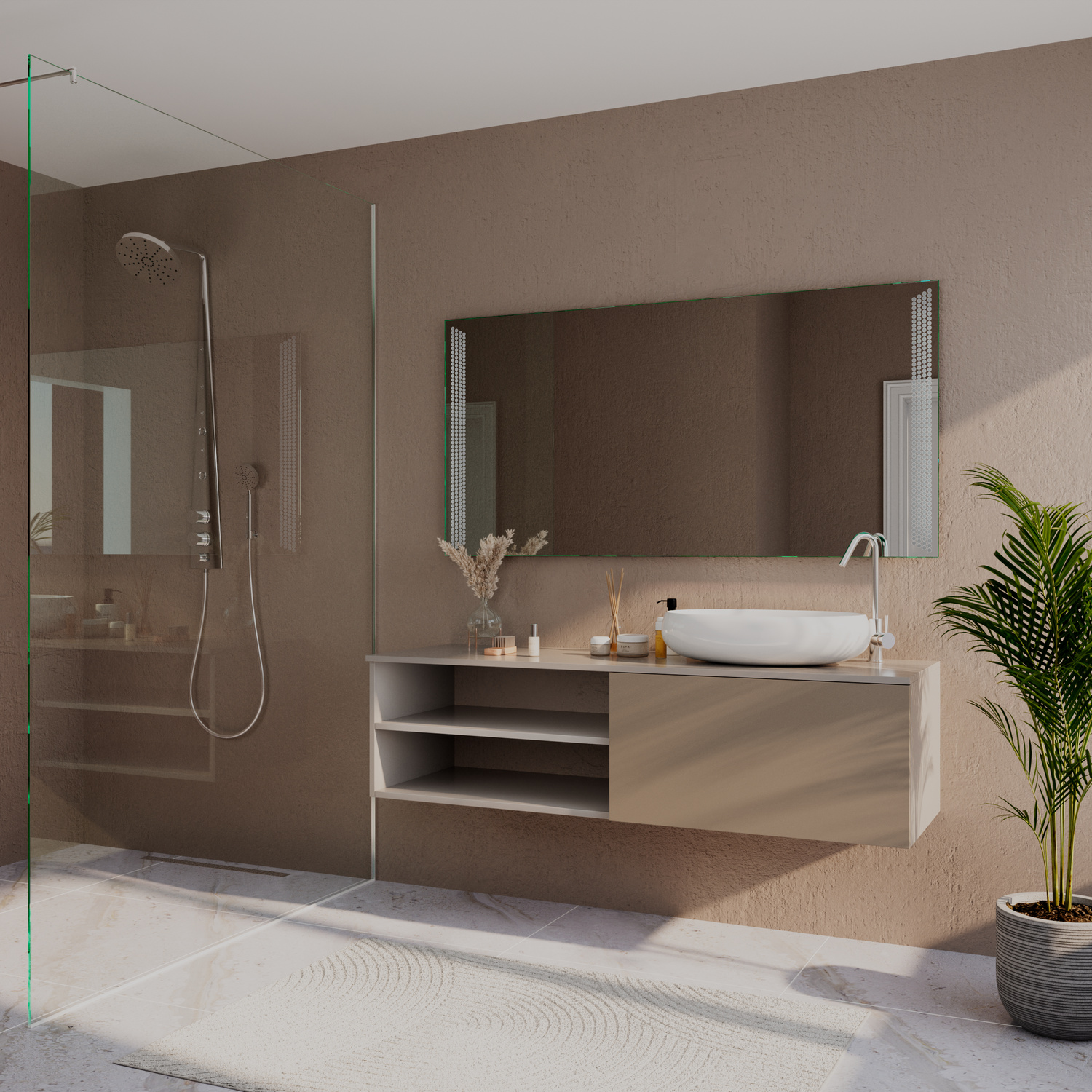 Cagliari Spiegelschrank mit seitlichen LED-Lichtleisten, 1500x1500 mm, Seitenansicht bei ausgeschalteter Beleuchtung, dreiteiliger Spiegel, montiert über schwebendem Waschtisch mit weißem ovalen Aufsatzwaschbecken und offenen Ablagefächern, modernes Badez