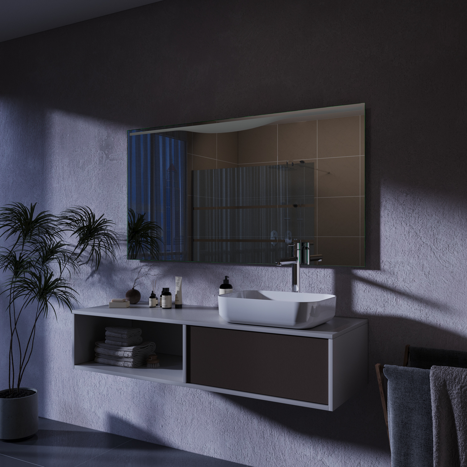 LERIDA LED-Badspiegel mit ausgeschalteter Beleuchtung, 1500x1500 mm, rechteckig randlos, seitliche Perspektive, Nachtaufnahme, über weißem rechteckigem Aufsatzwaschbecken auf modernem Waschtisch mit offenen Fächern, blaues Mondlicht, Pflanzen, modernes Ba