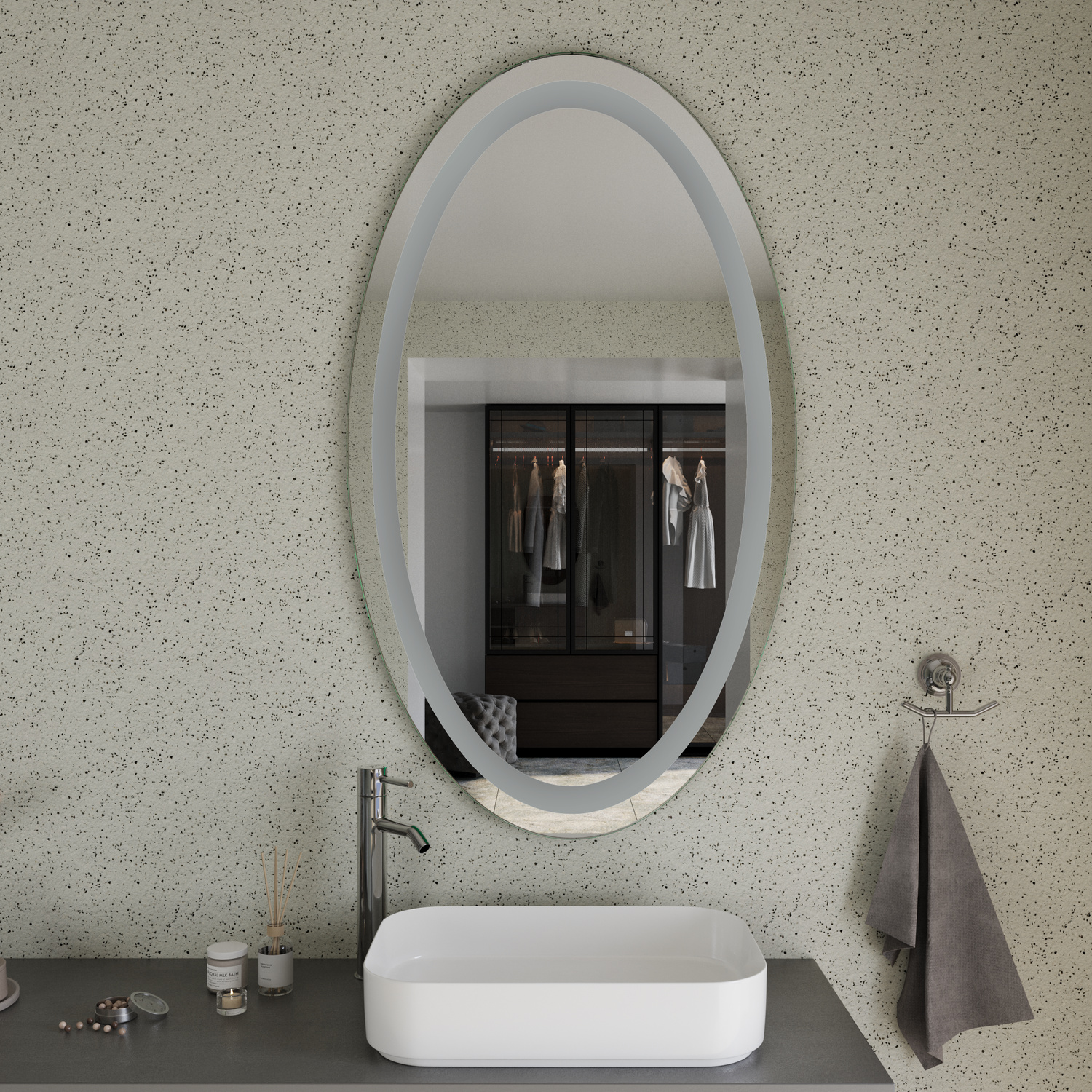 AZOR EL CloseAngle LightsOff 1500x1500 ovaler LED-Badspiegel mit ausgeschalteter Beleuchtung über weißem rechteckigem Aufsatzwaschbecken in modernem Badezimmer mit strukturierter WandRetry
