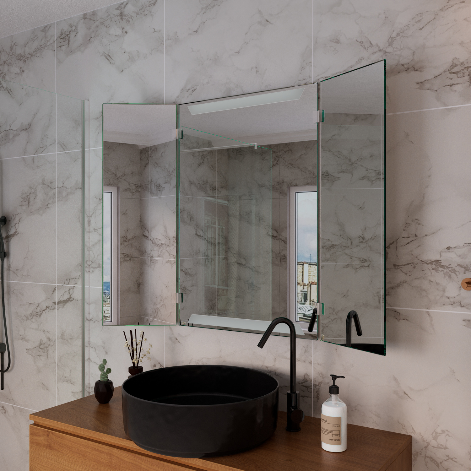 FOIXIM LED-Badspiegel mit ausgeschalteter Beleuchtung, 1500x1500 mm, dreiteiliger Spiegelschrank, seitliche Perspektive, über schwarzem rundem Aufsatzwaschbecken auf Holzwaschtisch, Marmorfliesen-Wand, schwarze Armaturen, luxuriöses Bad