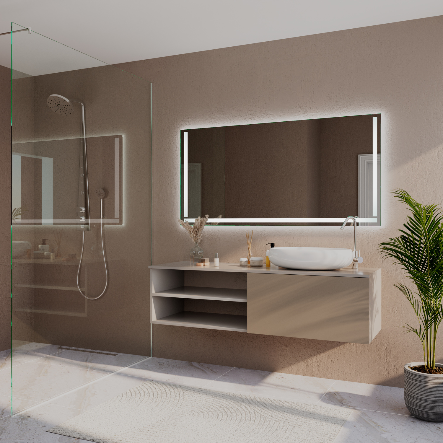 POZZUOLI LED-Badspiegel mit eingeschalteter Beleuchtung, 1500x1500 mm, leuchtende warmweiße vertikale Lichtleisten und horizontaler Lichtbalken, seitliche Ansicht über wandmontiertem Waschtisch in Holzoptik mit weißem Aufsatzwaschbecken, Glasdusche links,