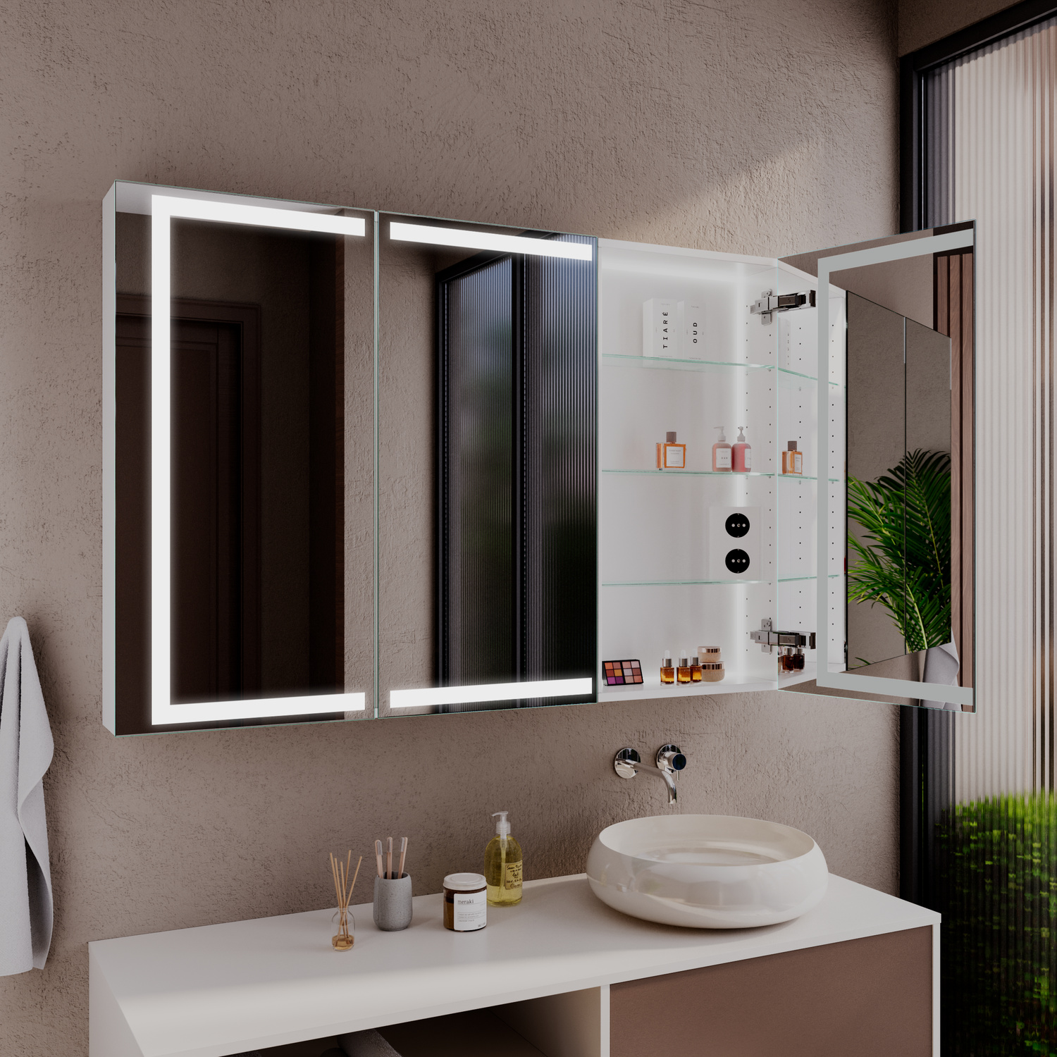 Spiegelschrank Adana mit LED-Beleuchtung und geöffneten Türen mit integriertem Stauraum über einem modernen Waschtisch mit rundem AufsatzbeckenRetry