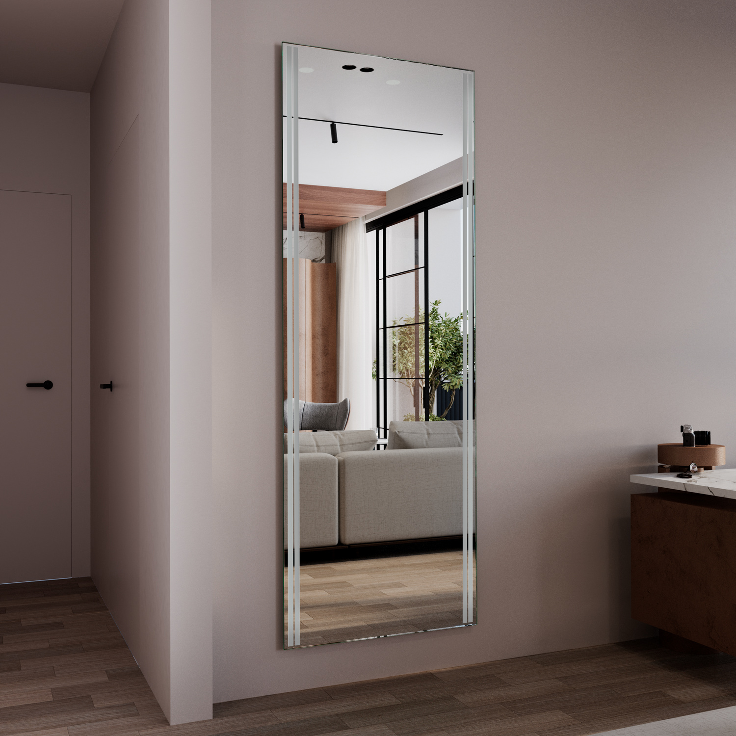 CATANIA LED-Ganzkörperspiegel mit ausgeschalteter Beleuchtung, 1500x1500 mm, rechteckig mit silbernem Rahmen, wandmontiert im Flur, reflektiert Wohnbereich mit weißem Sideboard, Pflanze und Fenster, modernes Interieur mit Holzboden