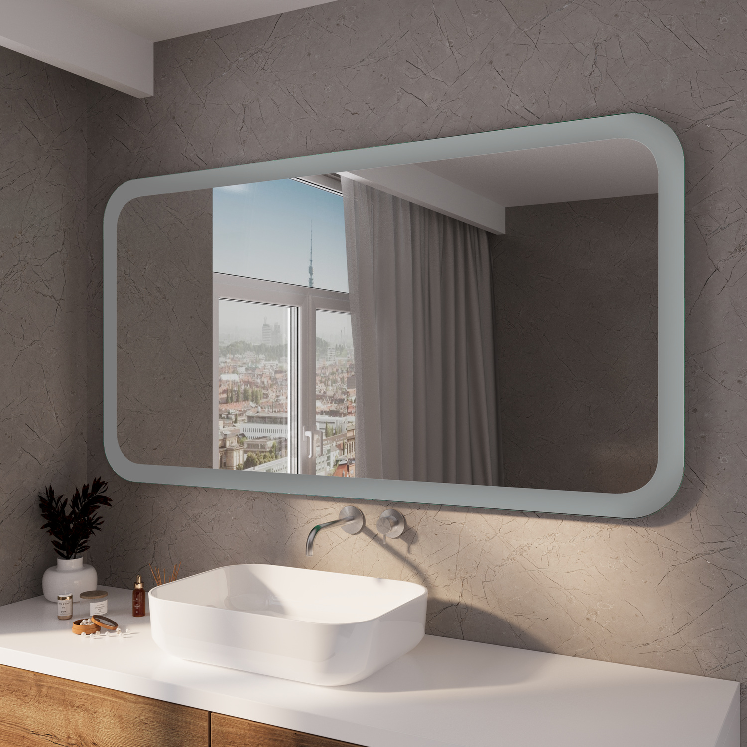 SETERAD40 rechteckiger Badspiegel mit abgerundeten Ecken, 1500x1500 mm, ausgeschaltete LED-Beleuchtung, horizontale Montage über weißem Aufsatzwaschbecken, modernes Badezimmer mit Panoramafenster-Spiegelung und grauer Strukturwand