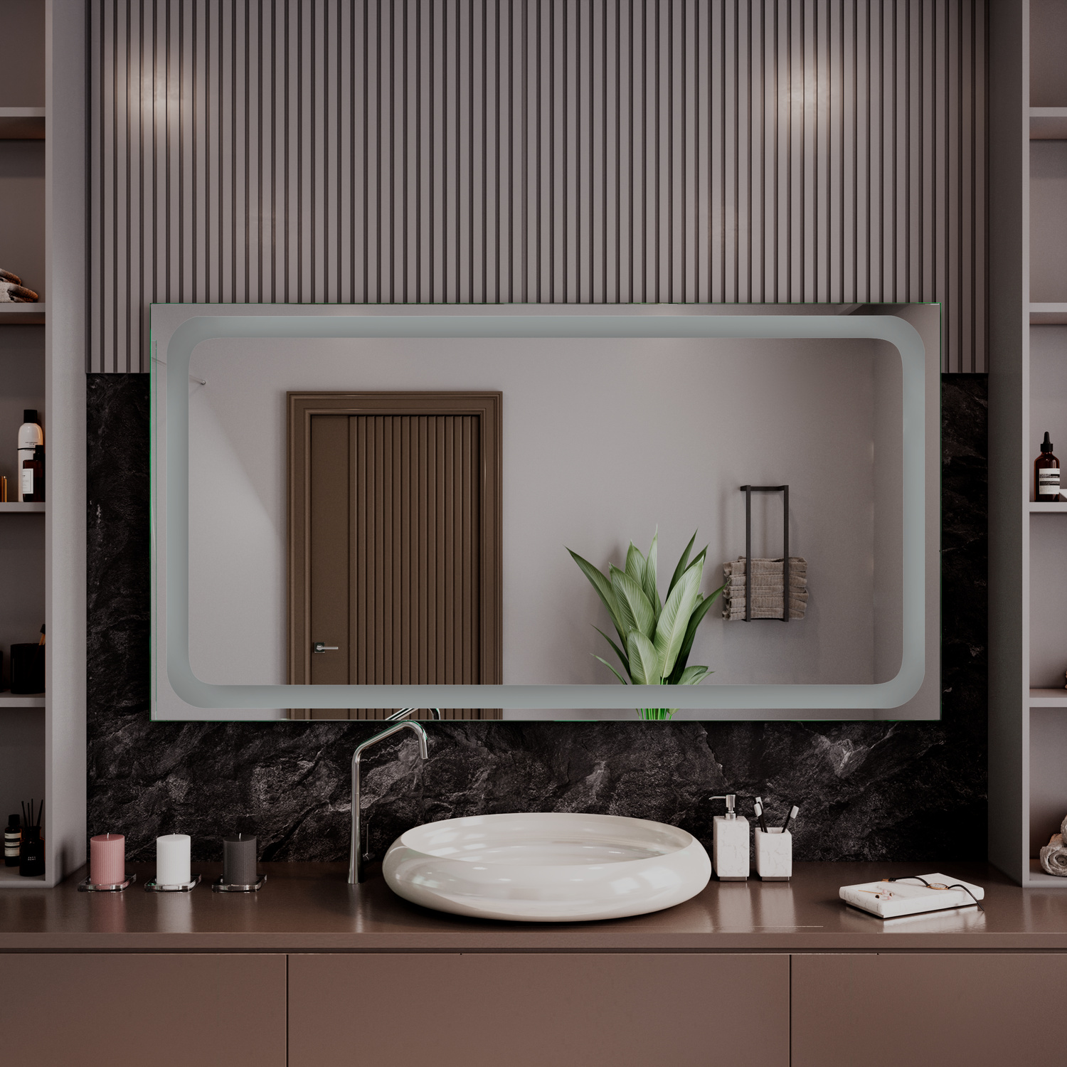 PAVIA Badspiegel ohne Beleuchtung, 1500x1500 mm, ausgeschaltete LED-Hintergrundbeleuchtung, über weißem ovalem Waschbecken auf dunklem Waschtisch mit Marmorplatte, weiße Nische mit Pflanze, schwarze Wandpaneele, luxuriöses modernes Bad