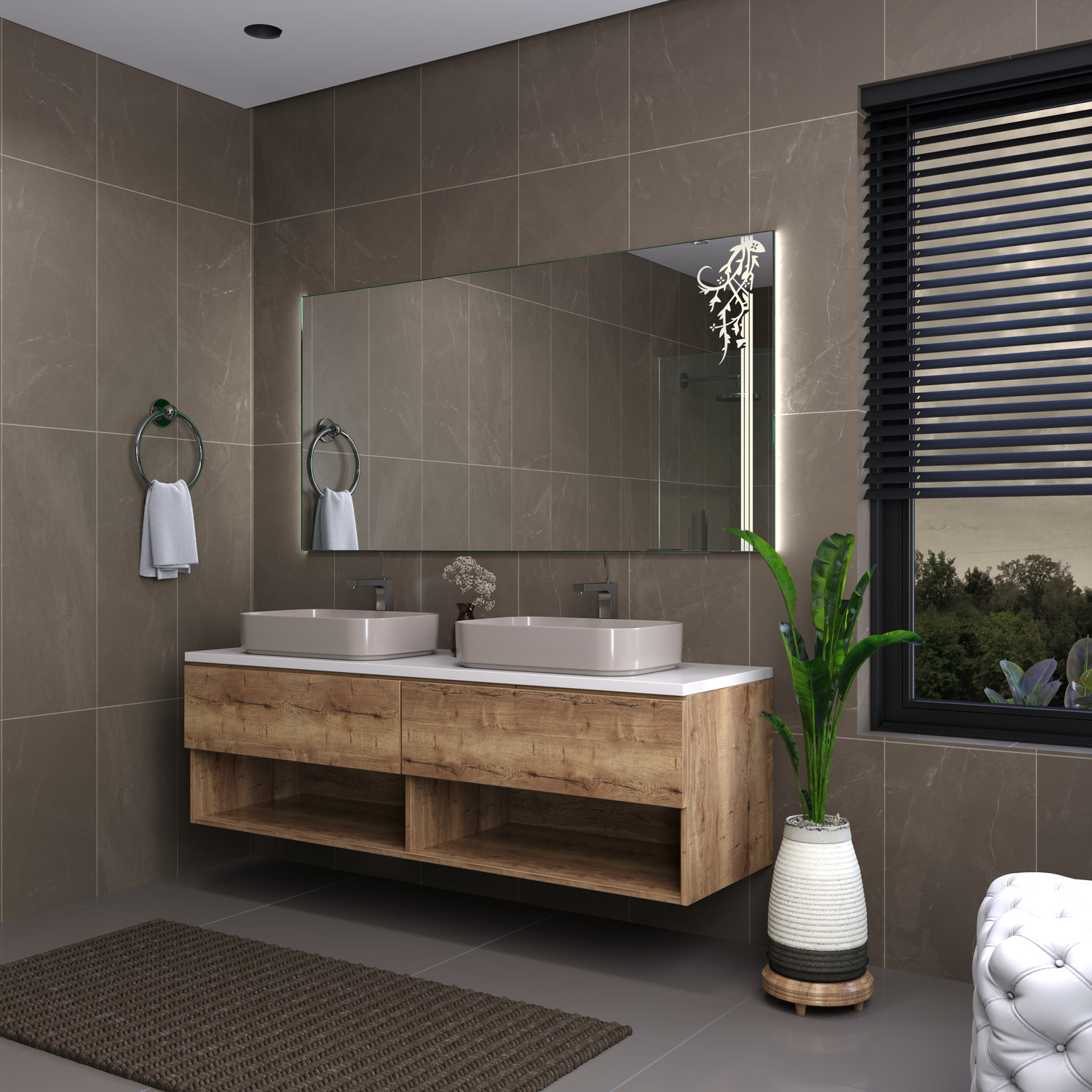 MESSINA rechteckiger LED-Badspiegel mit eingeschalteter Beleuchtung, 1500x1500 mm, Seitenansicht leuchtend mit warmweißem Lichtrahmen, breiter weißer Rahmen, über Holzwaschtisch mit offenen Regalen und weißem rechteckigem Aufsatzwaschbecken