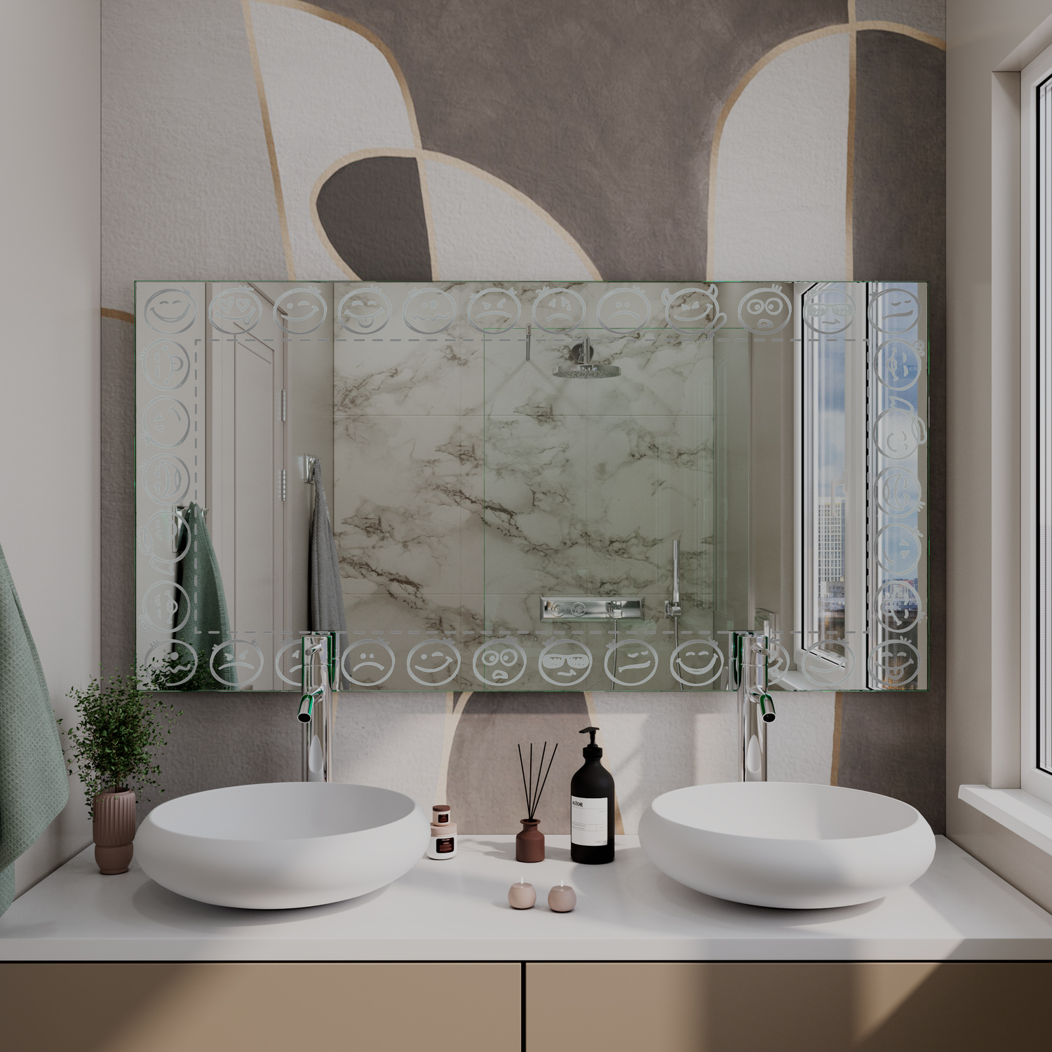 LD432 Spiegelschrank 150x150 cm unbeleuchtet in Schrägansicht mit drei Türen und Marmoroptik-Einlage, über weißem Doppelwaschtisch in elegantem Badezimmer mit grauer Wandgestaltung