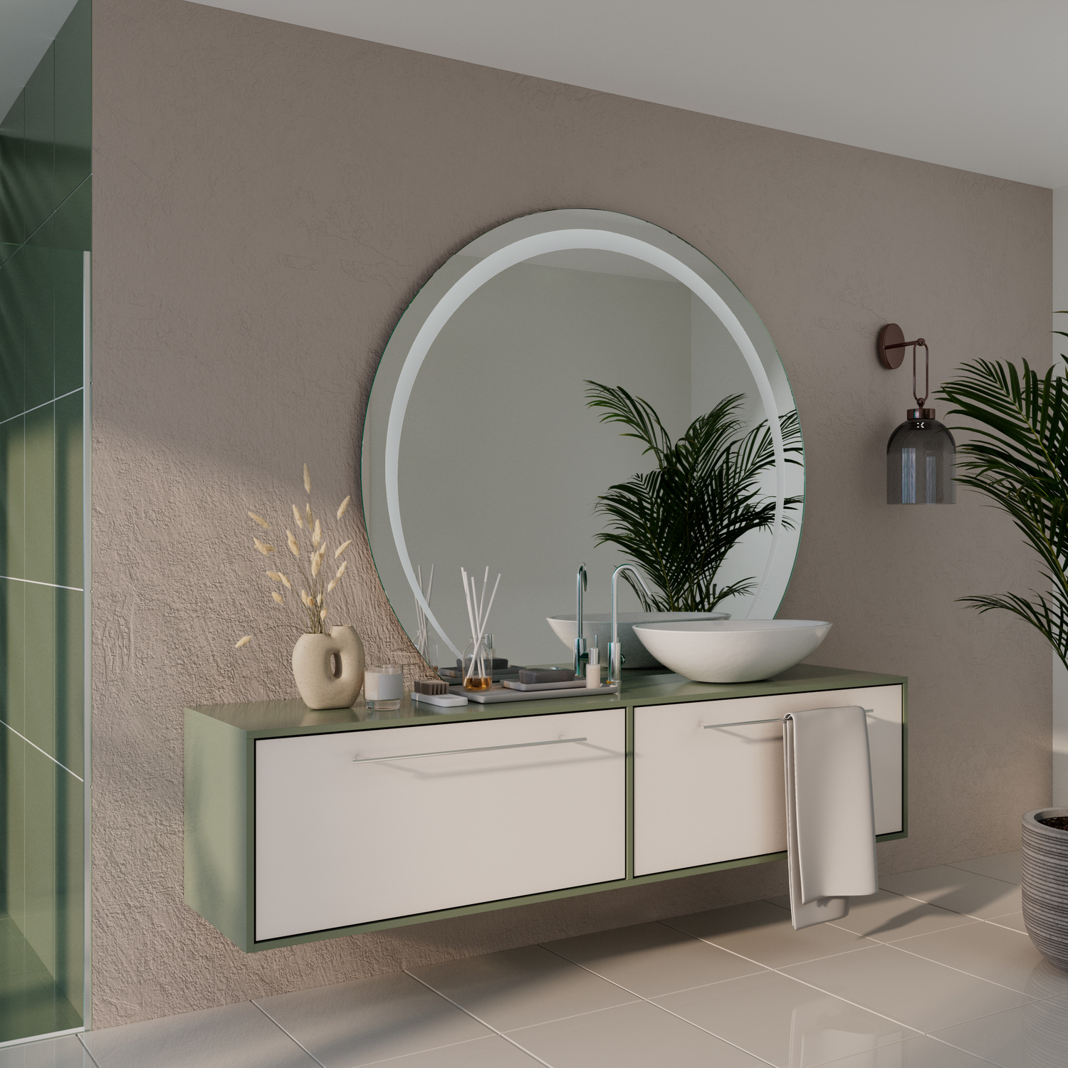 CRATO C1 runder LED-Badspiegel mit ausgeschalteter Beleuchtung, 1500x1500 mm, weißer Rahmen, seitliche Perspektive, über modernem weißem schwebenden Waschtisch mit Schubladen, beige Wand, Pflanzen und Dekoration, minimalistisches Bad