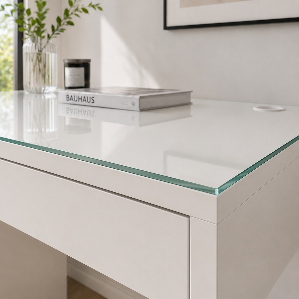 Glasplatte für IKEA MICKE Schreibtische 105 x 50 cm Klarglas Detailansicht