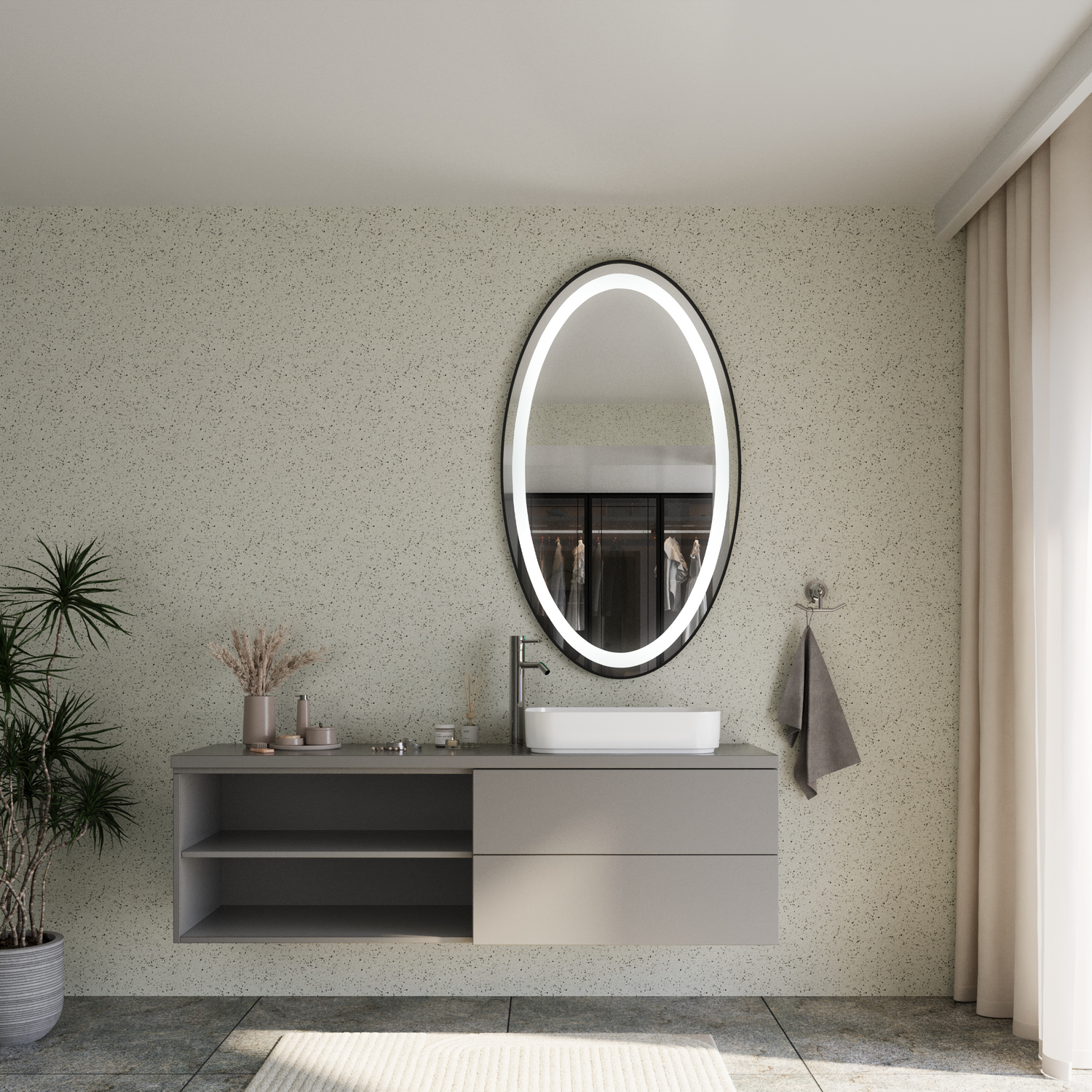 AZOR EL beleuchteter ovaler Badezimmerspiegel 1500x1500 mm mit LED-Beleuchtung in modernem Badezimmer mit schwebendem WaschtischRetry