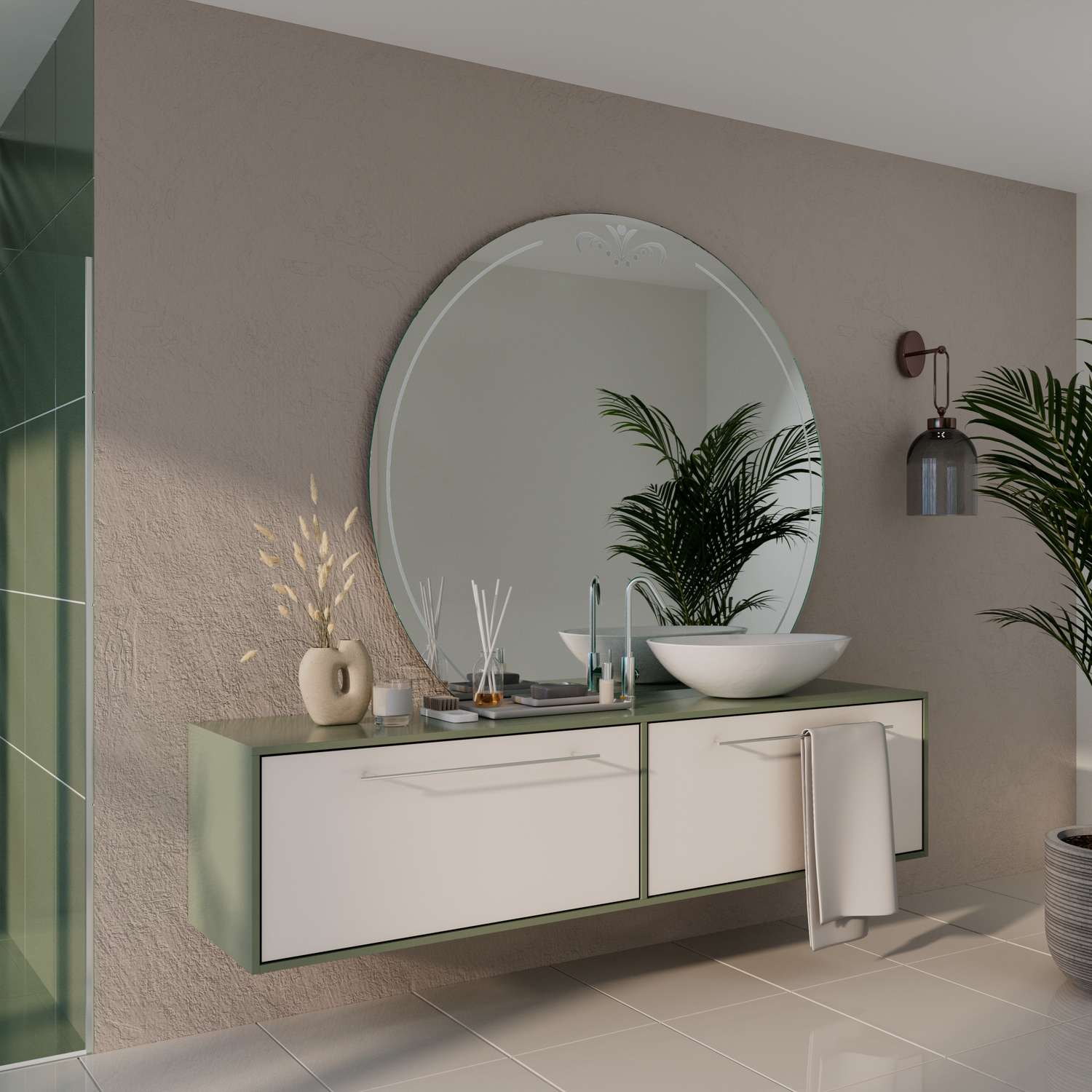 LDR505 C1 Rundspiegel 150x150 cm unbeleuchtet in Seitenansicht über modernem weißem Waschtisch mit asymmetrischem Design und weißem Aufsatzwaschbecken in minimalistischem Badezimmer mit Pflanzendekoration