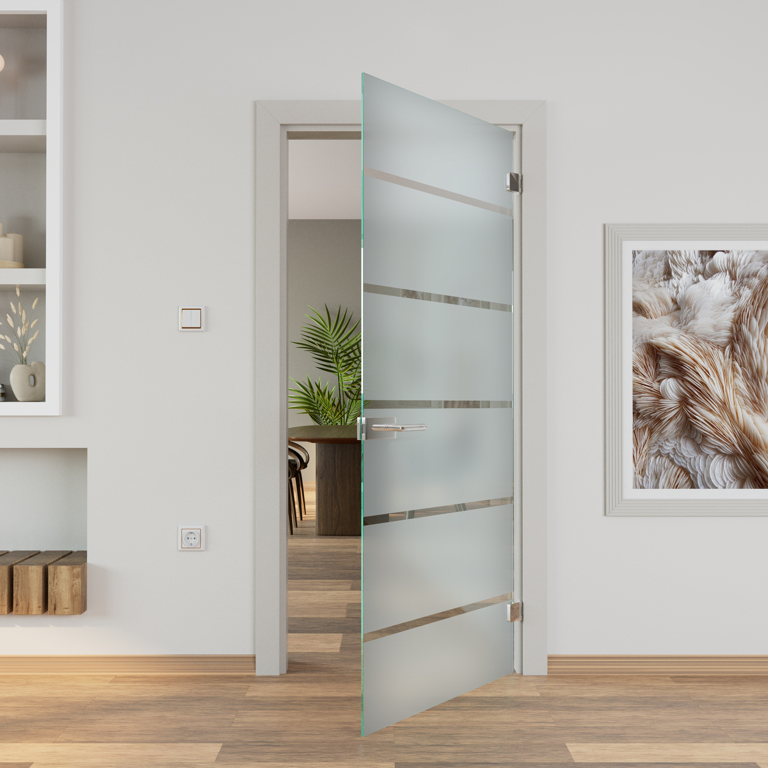 CALYPSO Glastür 1500x1500 mm geöffnet aus satiniertem Glas mit horizontalen Klarglas-Streifen, Blick in Raum mit Pflanzen in hellem Wohnbereich mit HolzbodenRetry